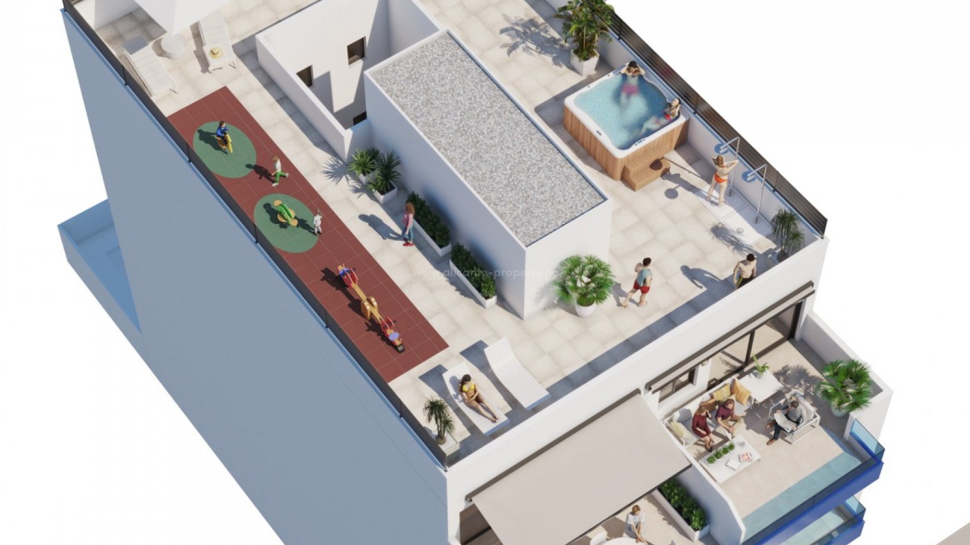 New built apartment complex in Guardamar del Segura, 3 bedrooms and 2 bathrooms, open plan kitchen with living room. Shared spa, gym, solarium, jacuzzi.