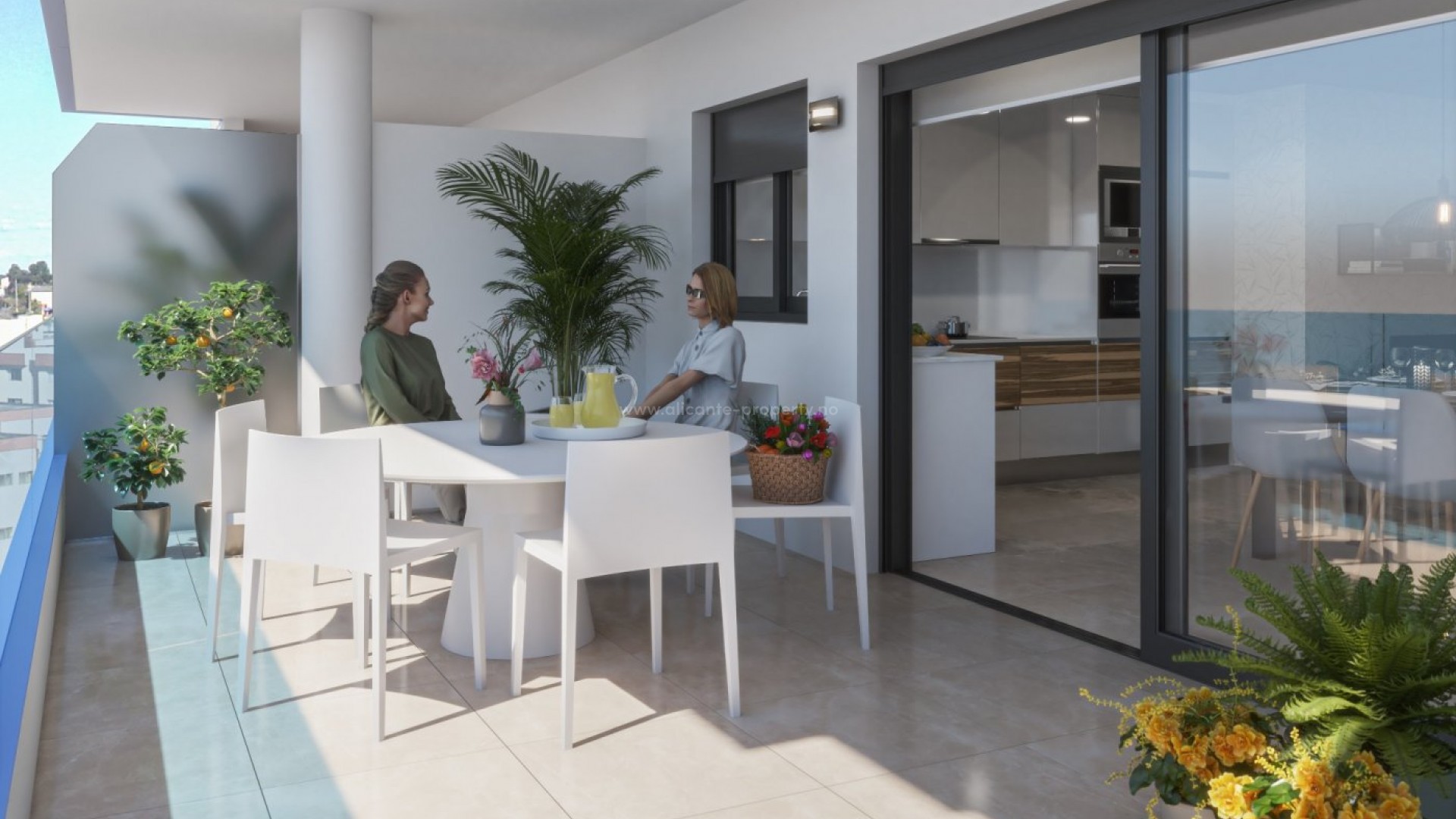 New built apartment complex in Guardamar del Segura, 3 bedrooms and 2 bathrooms, open plan kitchen with living room. Shared spa, gym, solarium, jacuzzi.