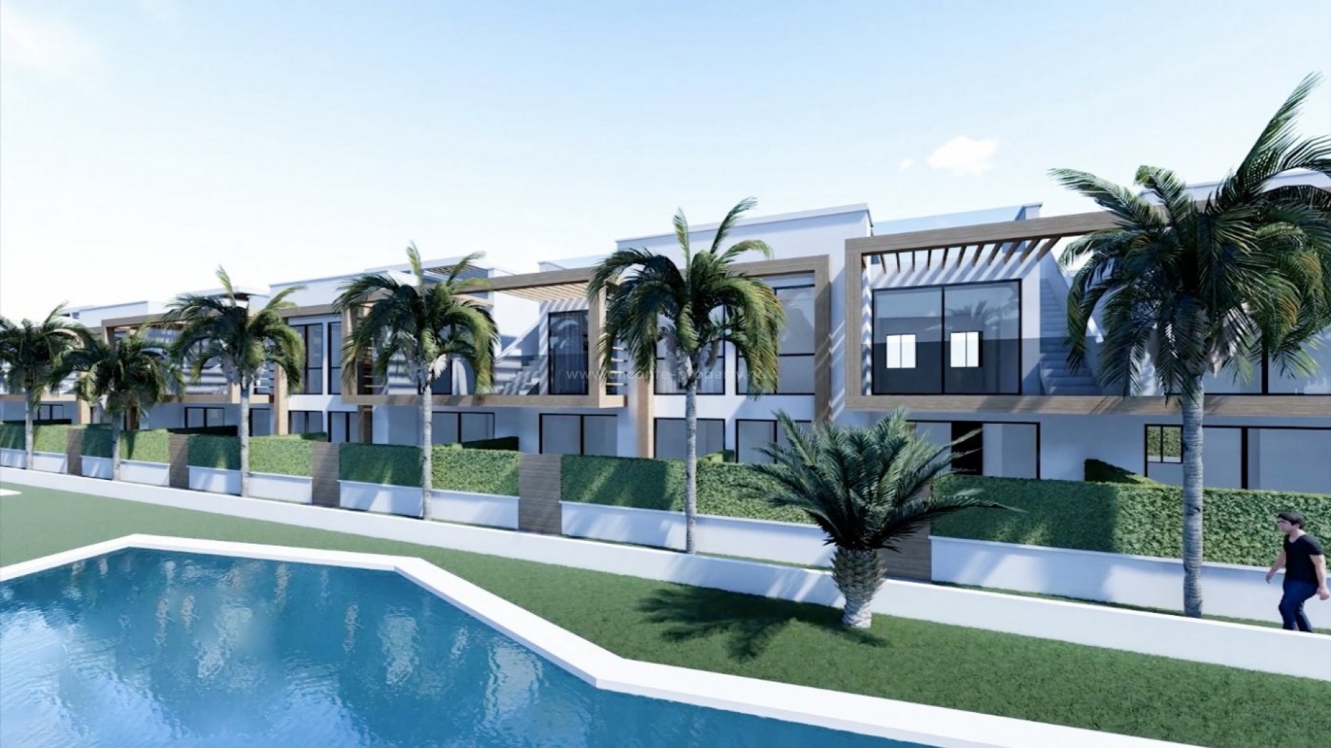 New built bungalows/townhouses in Orihuela Costa, 2 and 3 bedrooms, top floor with private solarium, private garden, shared pool. 5 min from Villamartin golf