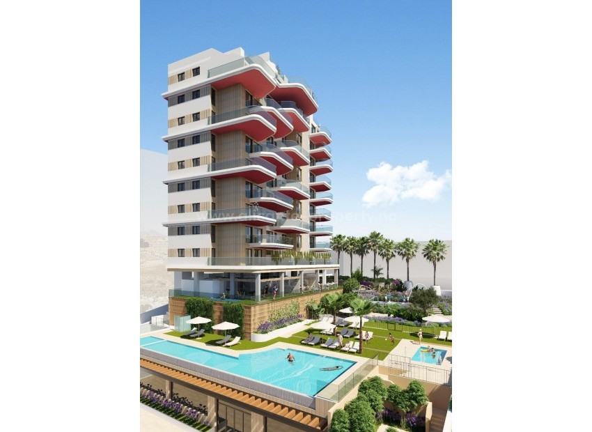 New built flats/apartments in Calpe, 2 and 3 bedrooms, 2 bathrooms, open kitchen with living room, some with sea views, shared pool for adults and children.