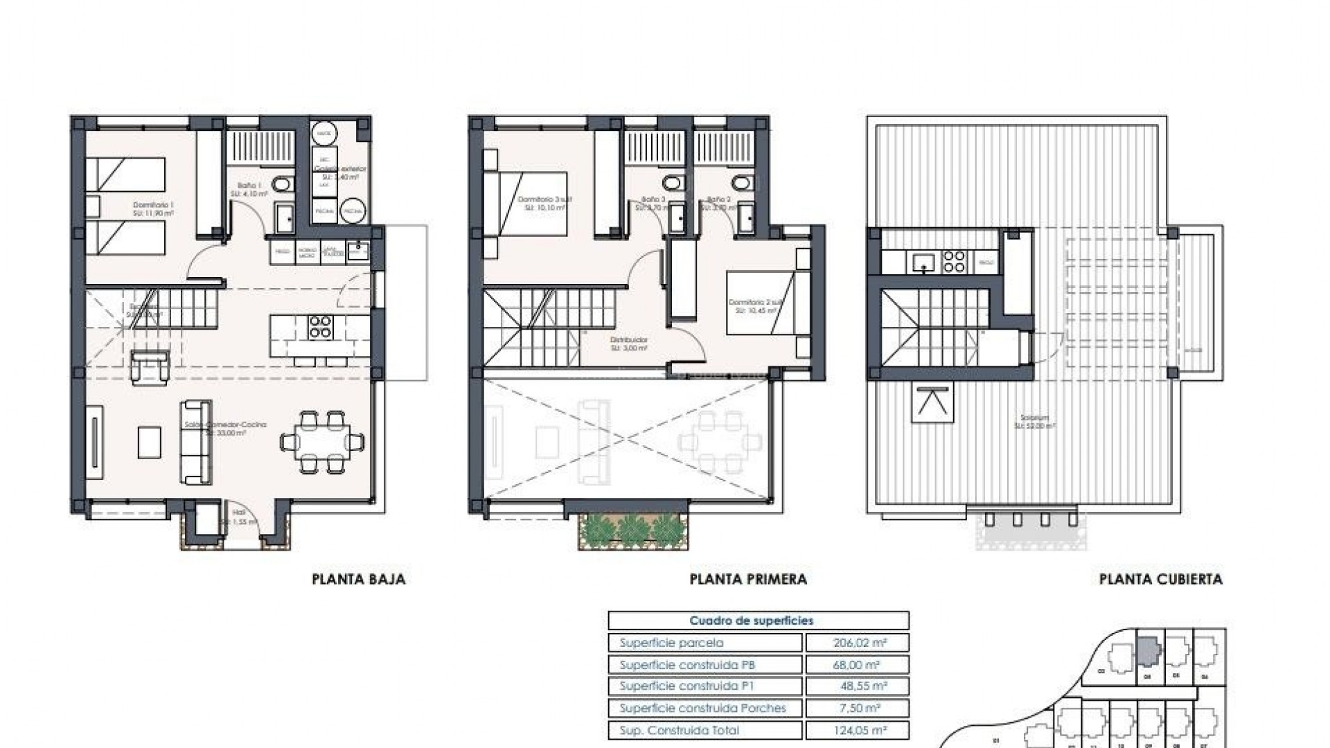 New built houses/villas in Los Montesinos, 3 bedrooms and 3 bathrooms, open plan kitchen with living/dining room, the villas have a terrace, a private swimming pool, garden