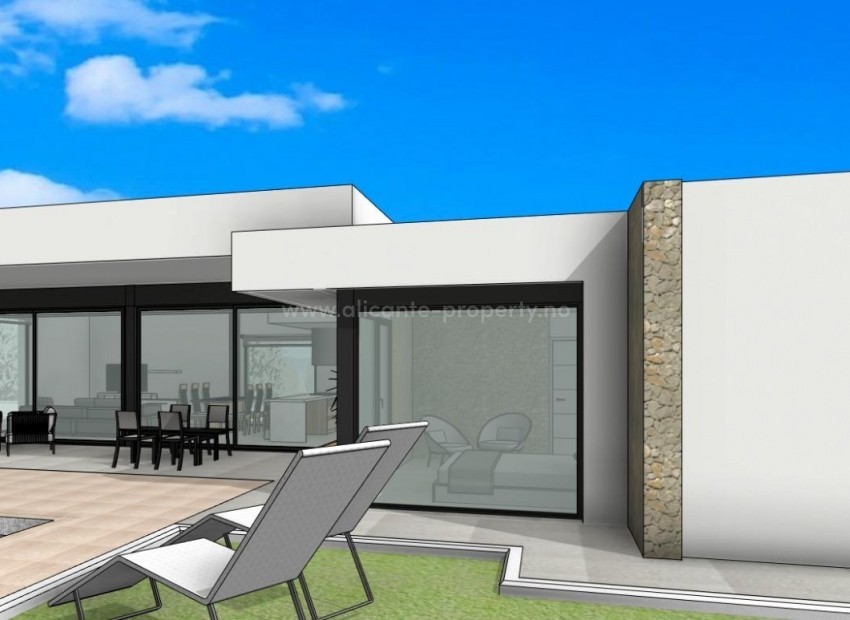 New built luxury villa for sale in Pinoso (Alicante), 3 bedrooms, 2 bathrooms, terrace, idyllic view of the mountains, swimming pool w/salt water chlorinator,