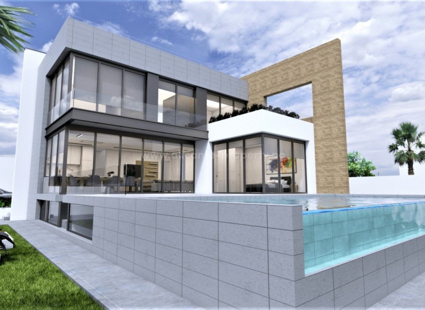 New built luxury villa near La Zenia Beach with 4 bedrooms, 6 bathrooms and sea view, 2 terraces, solarium, cellar, private pool and parking space.
