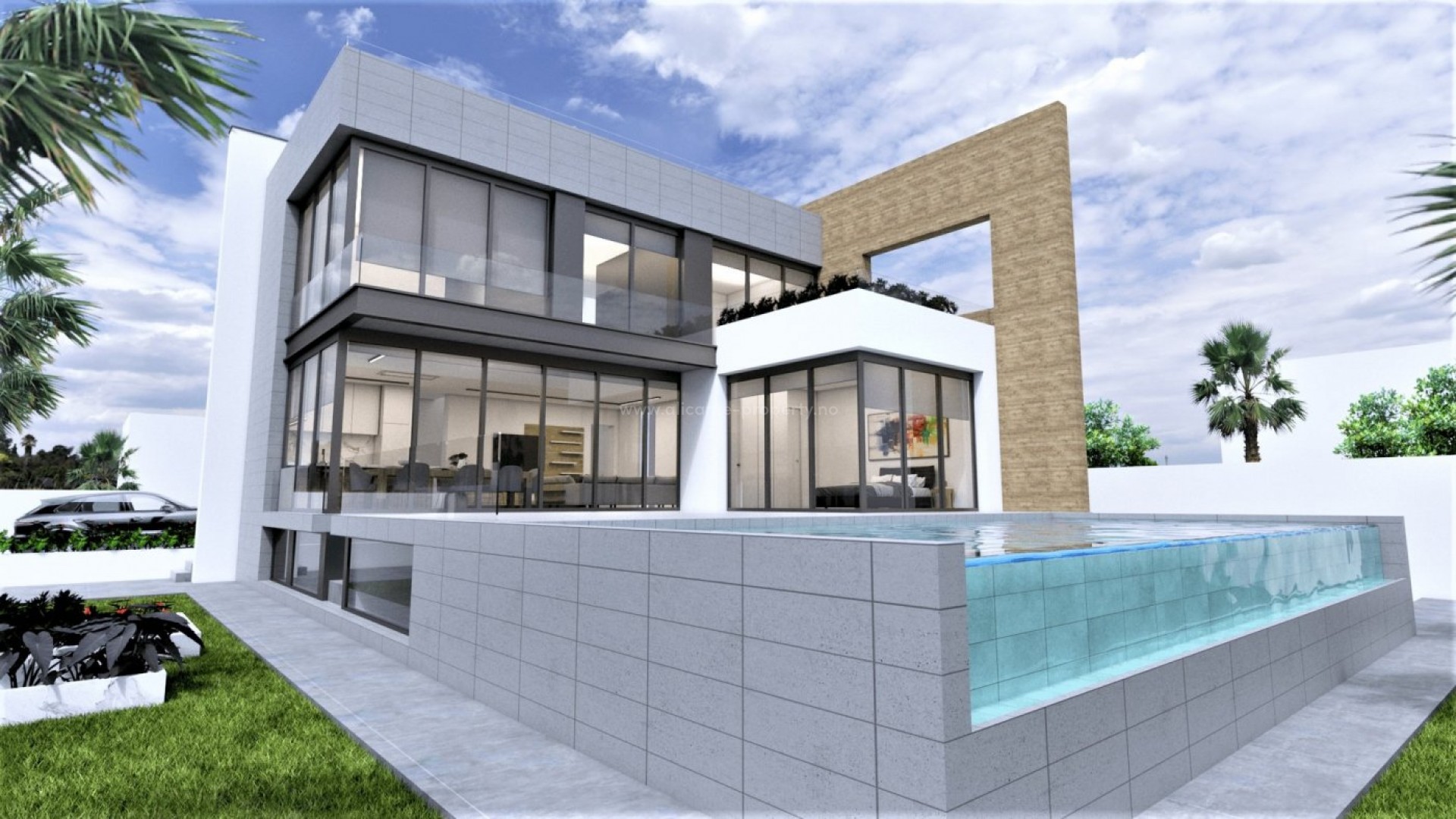 New built luxury villa near La Zenia Beach with 4 bedrooms, 6 bathrooms and sea view, 2 terraces, solarium, cellar, private pool and parking space.