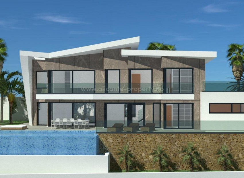 New built luxury villa with sea view in Calpe, 4 bedrooms, 5 bathrooms, private garden with pool. Close to the beach and the cities of Altea, Benidorm, Teulada-Moraira, Benissa