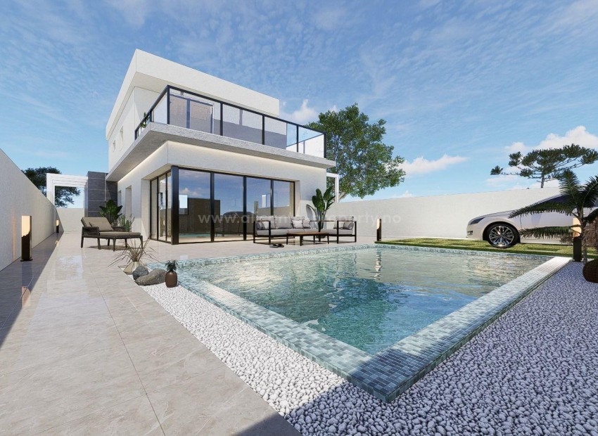 New built modern villa/house in Pilar de la Horadada, 3 bedrooms, 2 bathrooms, private garden with pool and parking, large terrace on the second floor.