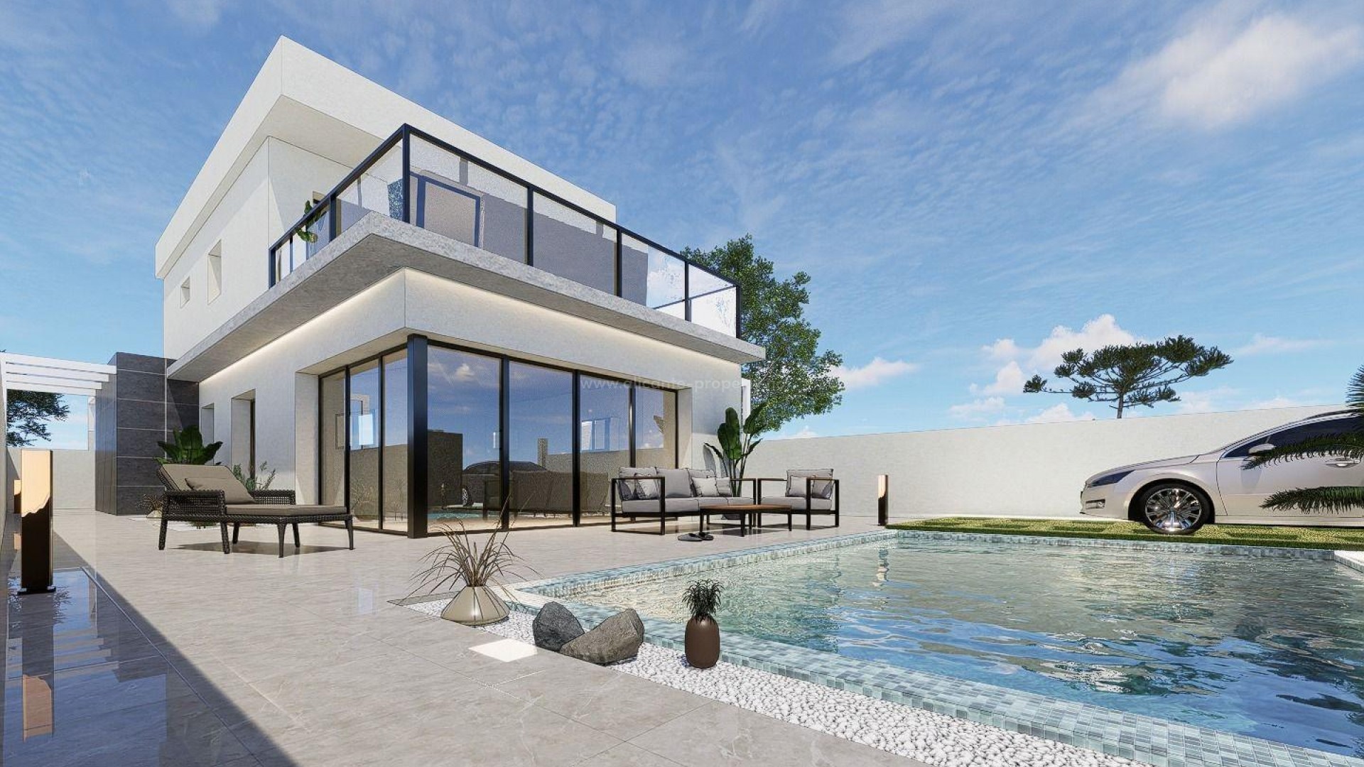 New built modern villa/house in Pilar de la Horadada, 3 bedrooms, 2 bathrooms, private garden with pool and parking, large terrace on the second floor.