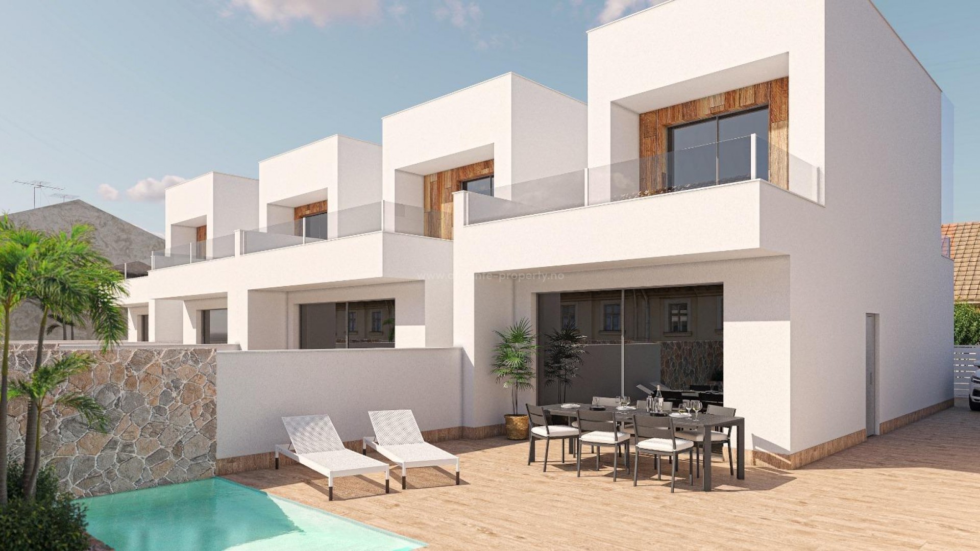 New built, modern villas with private pool in El Mojon, Pilar de la Horadada, the villas have 3 bedrooms, 2 bathrooms, open plan kitchen with living room, private pool.