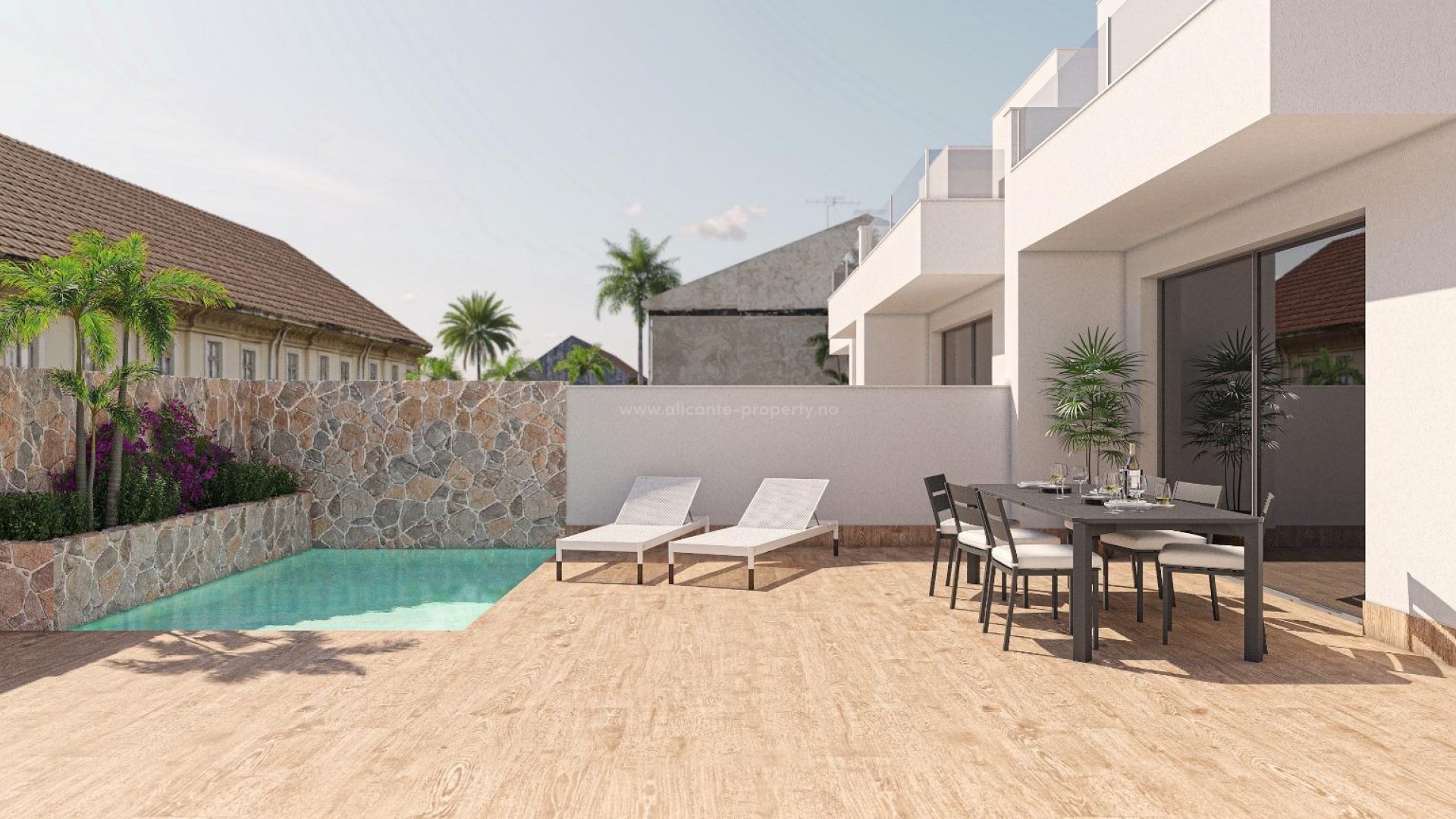New built, modern villas with private pool in El Mojon, Pilar de la Horadada, the villas have 3 bedrooms, 2 bathrooms, open plan kitchen with living room, private pool.
