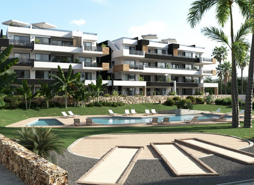 New built residential complex with flats in Los Altos, Orihuela Costa, 2 bedrooms, 2 bathrooms, nice garden with a great swimming pool, terraces or solarium