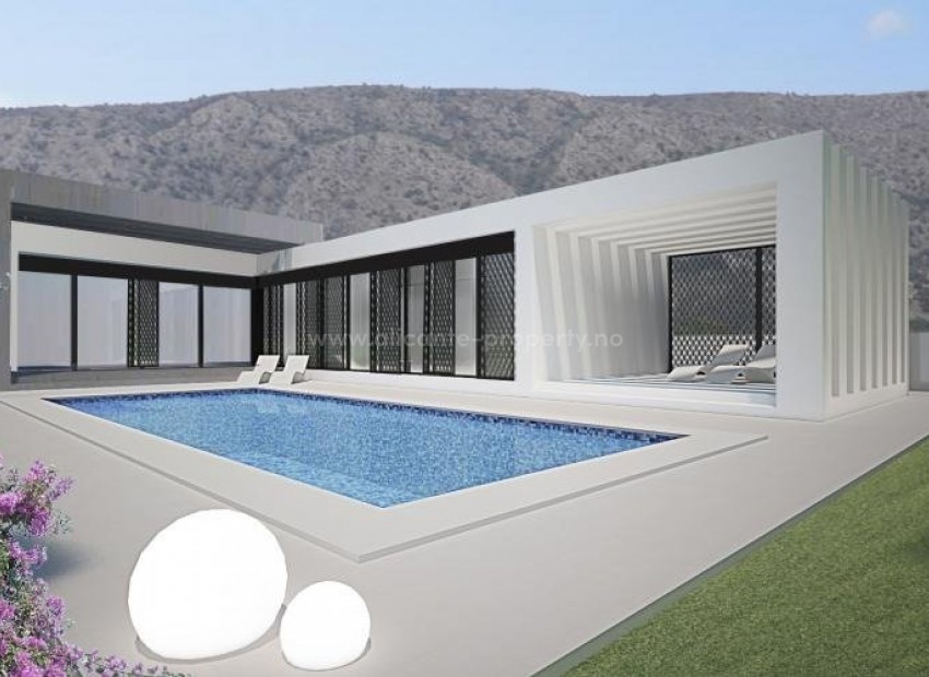 New built Villa in Pinoso, Alicante inland, luxury villa with 3 bedrooms, 2 bathrooms, swimming pool and covered terrace. Fantastic view of mountains and nature