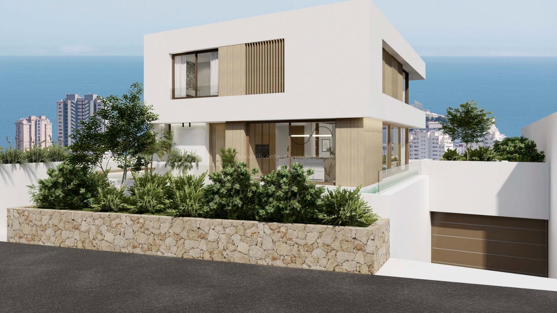 New built villas in Finestrat, private garden with swimming pool and sea view, 3 bedrooms and 3 bathrooms, guest toilet, open kitchen with living room, wardrobes.