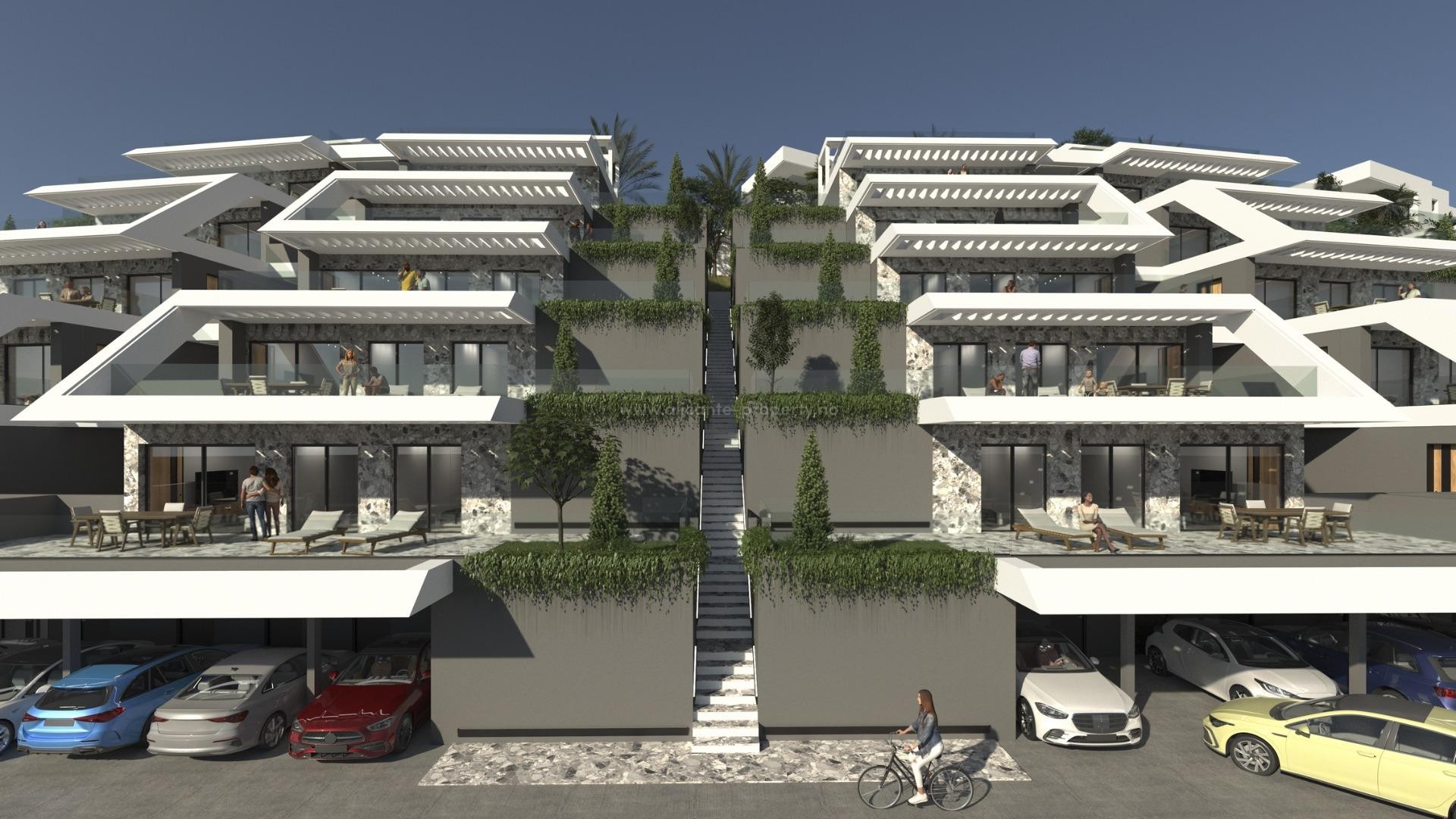 New exclusive residential complex in Finestrat with modern apartments/penthouses, 2 bedrooms, 2 bathrooms, great communal swimming pool, parking spaces