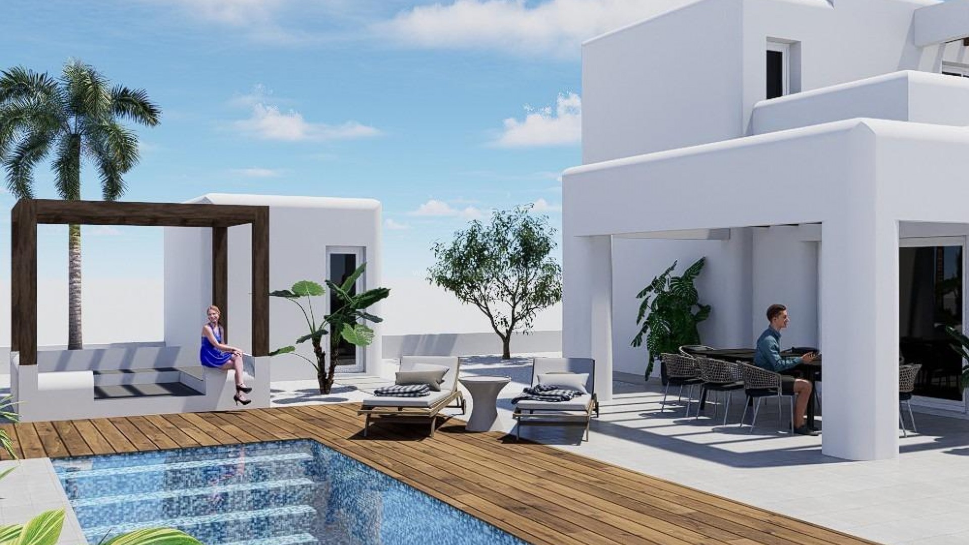 New exclusive villa in Polop in Ibiza style, amazing mountain and sea views, one floor with 2 bedrooms and 1 bathroom, pool, large solarium
