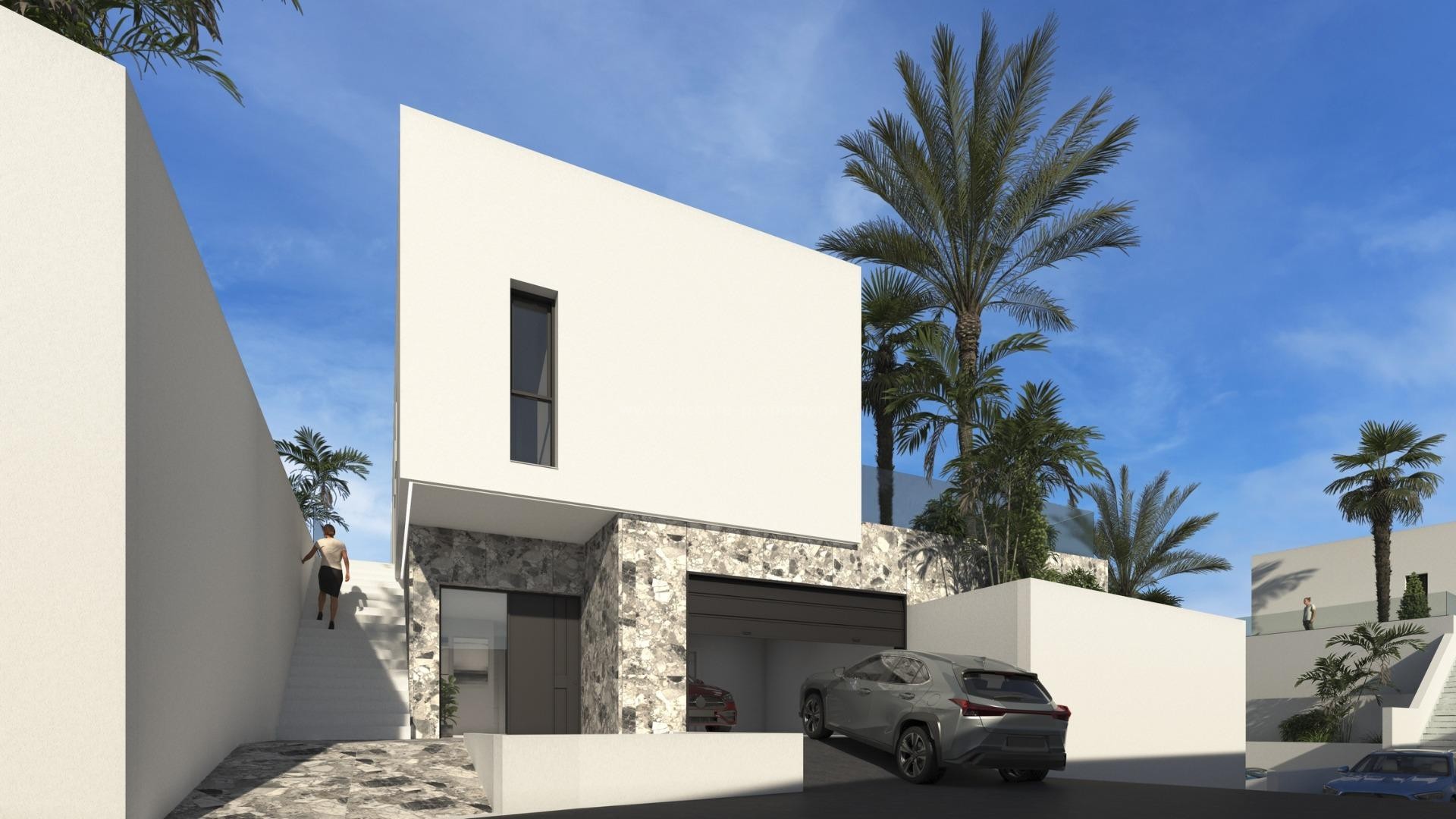 New luxury villas in Finestrat near Benidorm, 4 bedrooms, 5 bathrooms, semi-basement, terrace with swimming pool and fantastic views of Benidorm, double garage