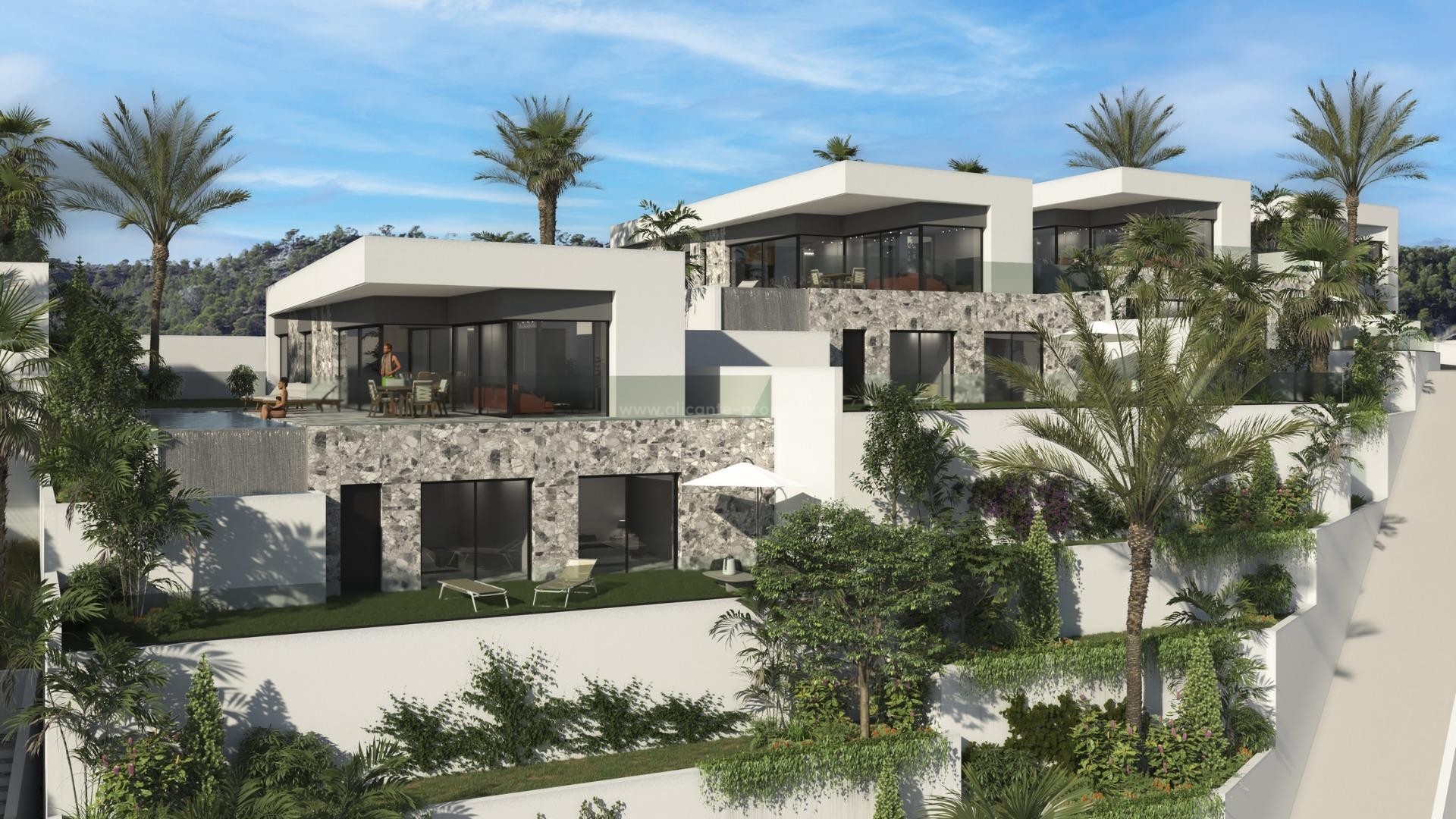 New luxury villas in Finestrat near Benidorm, 4 bedrooms, 5 bathrooms, semi-basement, terrace with swimming pool and fantastic views of Benidorm, double garage