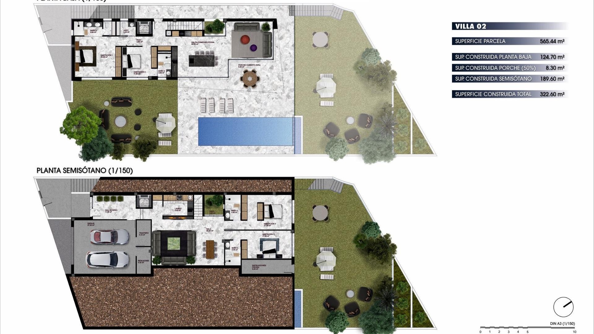 New luxury villas in Finestrat near Benidorm, 4 bedrooms, 5 bathrooms, semi-basement, terrace with swimming pool and fantastic views of Benidorm, double garage