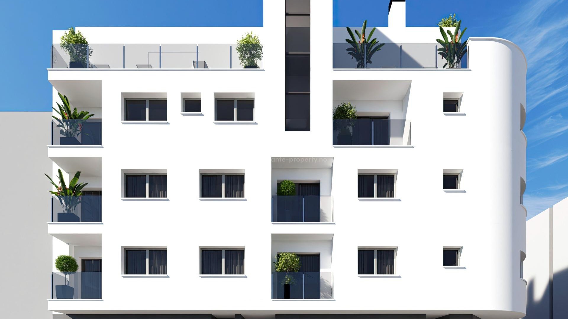 New modern apartments with high quality finishes in Torrevieja, 1/2 bedroom, 1/2 bathroom, open kitchen and living room, a beautiful shared solarium