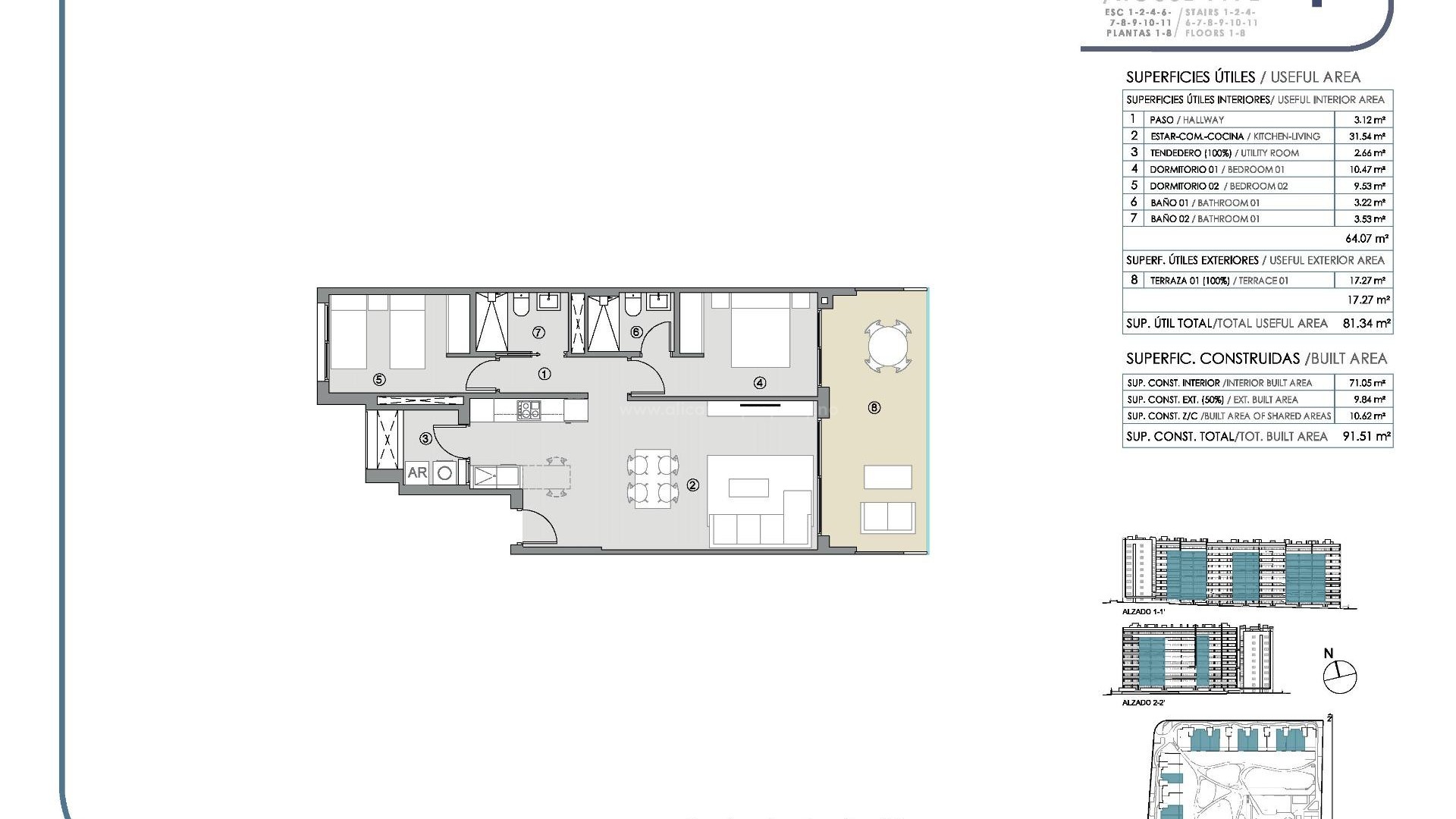 New residential complex with 220 apartments in Punta Prima, 2/3 bedrooms, 2 bathrooms, terrace, garden areas with swimming pools and paddle tennis court