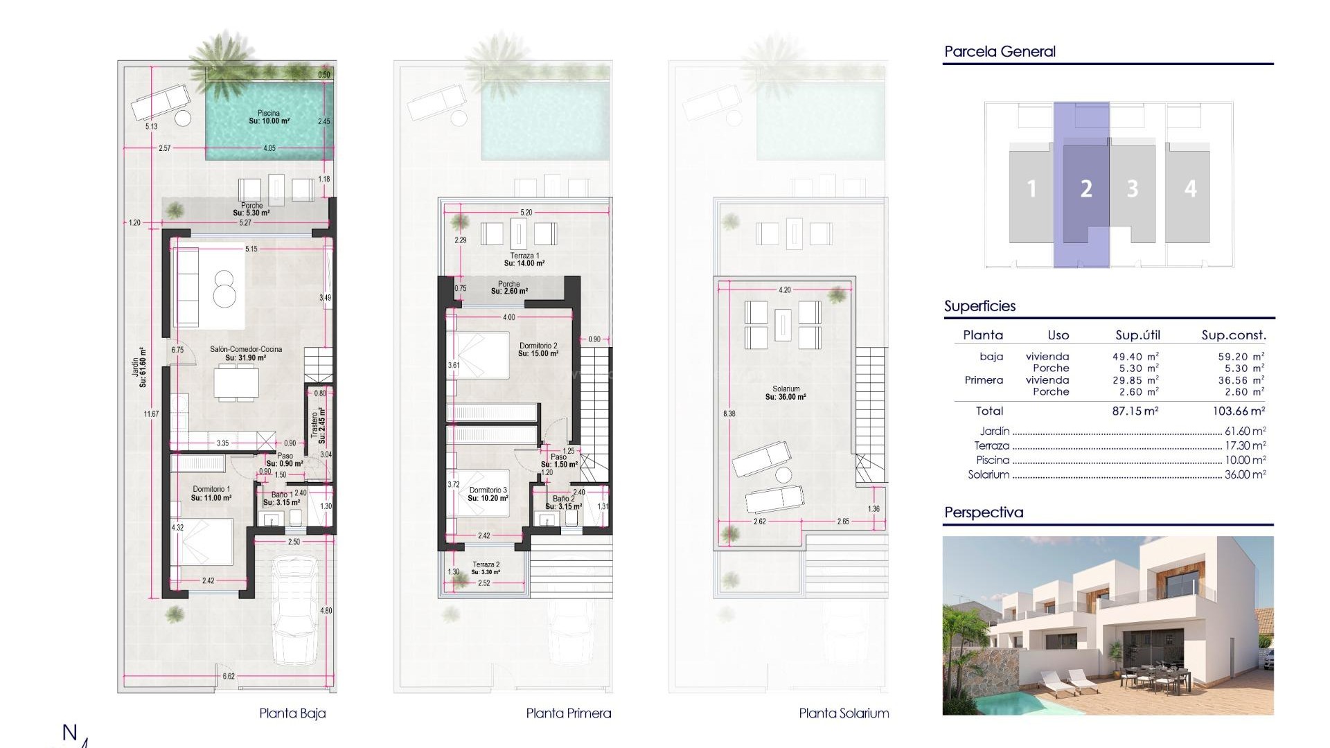 New semi-detached houses in El Mojon, Pilar de la Horadada, 3 bedrooms, 2 bathrooms, private solarium, private garden with pool and parking