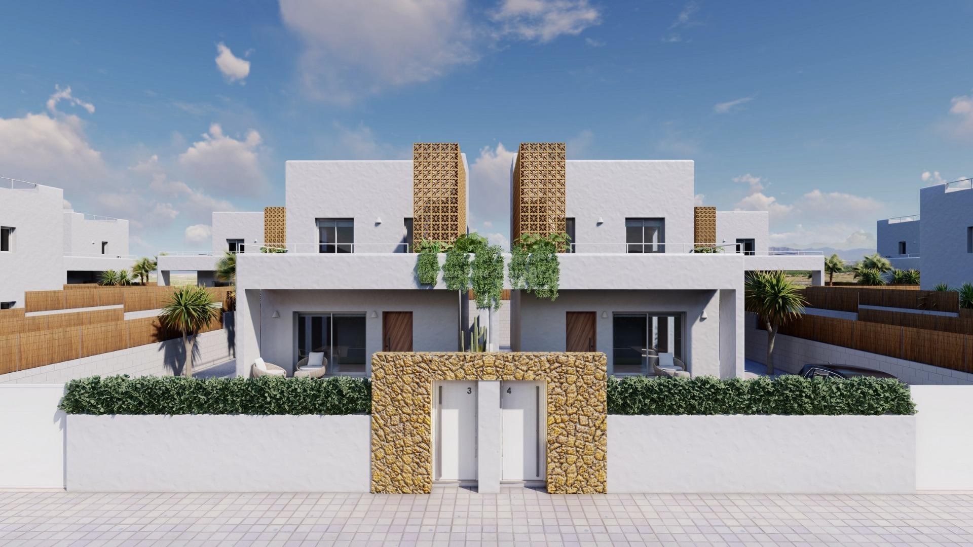 New villas/houses in Pilar de la Horadada, 3 bedrooms, 3 bathrooms, large landscaped garden with private swimming pool and parking space.