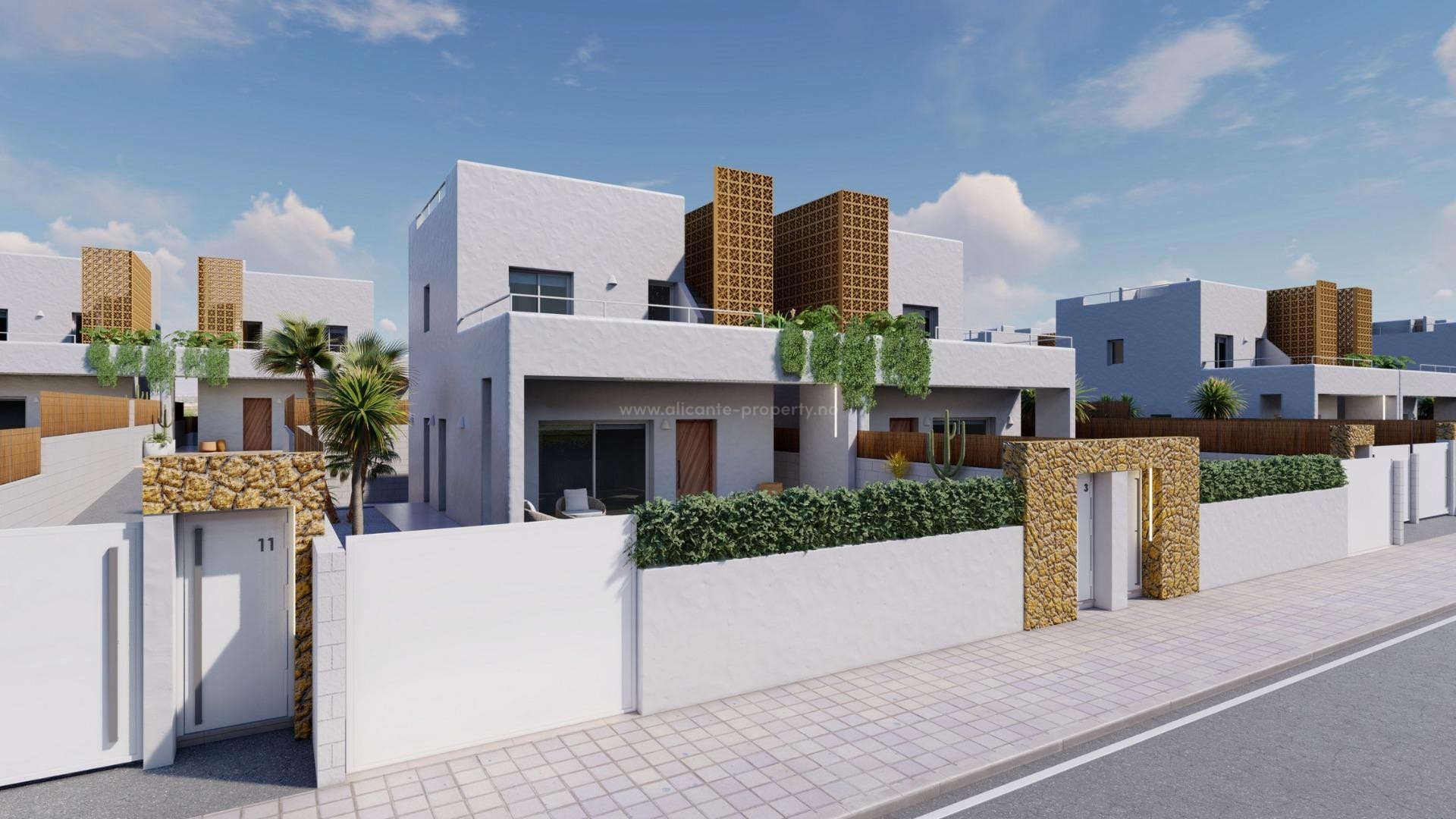 New villas/houses in Pilar de la Horadada, 3 bedrooms, 3 bathrooms, large landscaped garden with private swimming pool and parking space.