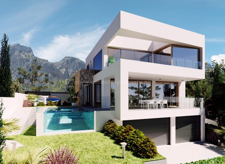 New villas/houses in Polop, Alicante, 3 bedrooms, 3 bathrooms, garden with pool, covered terrace and a large open terrace, sea and mountain views