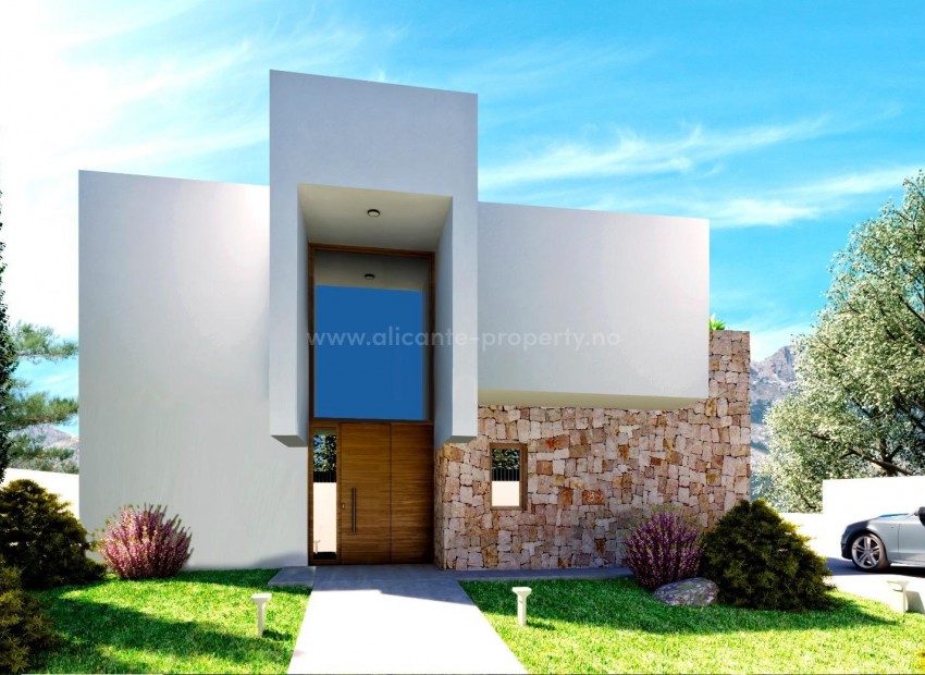 New villas/houses in Polop, Alicante, 3 bedrooms, 3 bathrooms, garden with pool, covered terrace and a large open terrace, sea and mountain views