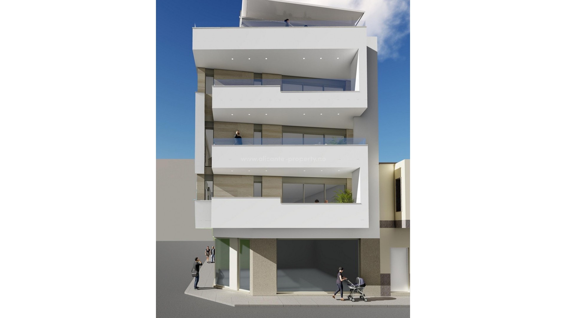 Nybygd bolig i Torrevieja nær Los Locos-stranden, 1/2/3 soverom, 1/2 bad, alle med terrasser fra 7m2 til 55m2,felles solarium, boblebad og badstue