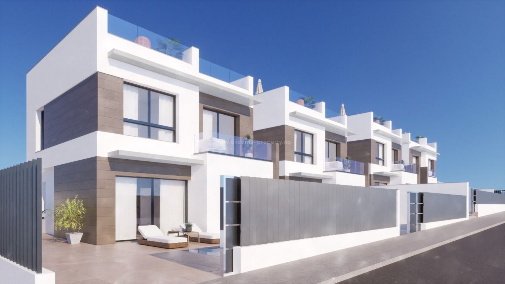 Nybygg av moderne villaer/hus i Benijofar, 3 soverom, 3 bad, nær strand i Guardamar og flere golfbane, privat hage med basseng, privat parkering