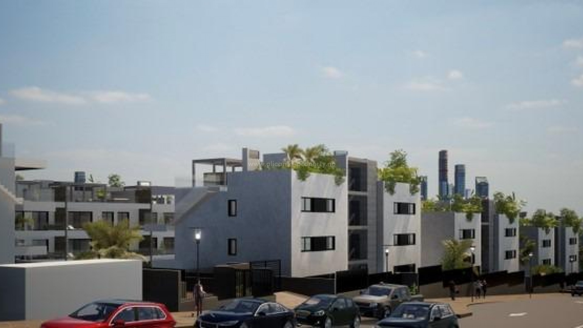 Nybygg boligkompleks med havutsikt i Finestrat nær Benidorm, flere typer leiligheter, noen m/havutsikt, svømmebasseng og treningsstudio med boblebad