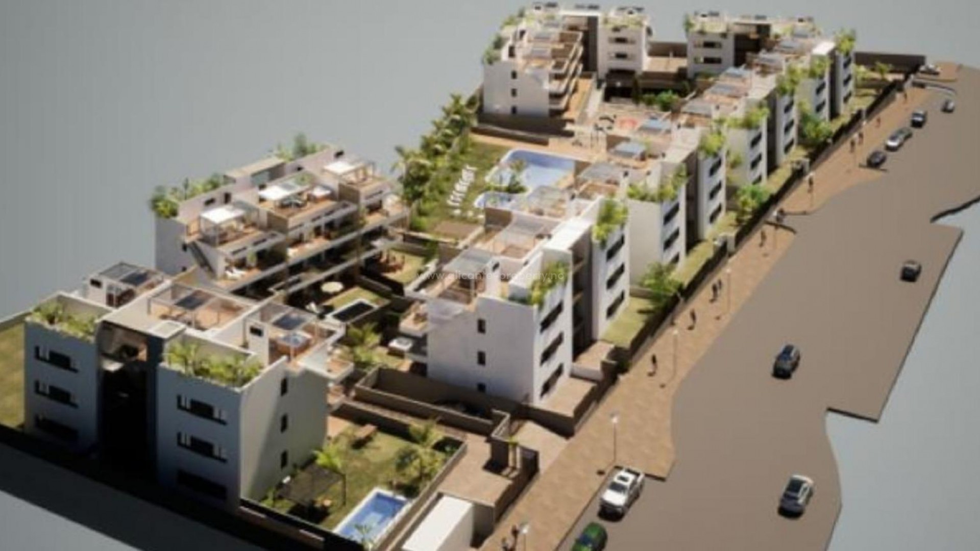 Nybygg leilighets-kompleks med havutsikt i Finestrat nær Benidorm, 3 forskjellige typer boliger, leiligheter/toppleiligheter. Fine fellesområder m/basseng