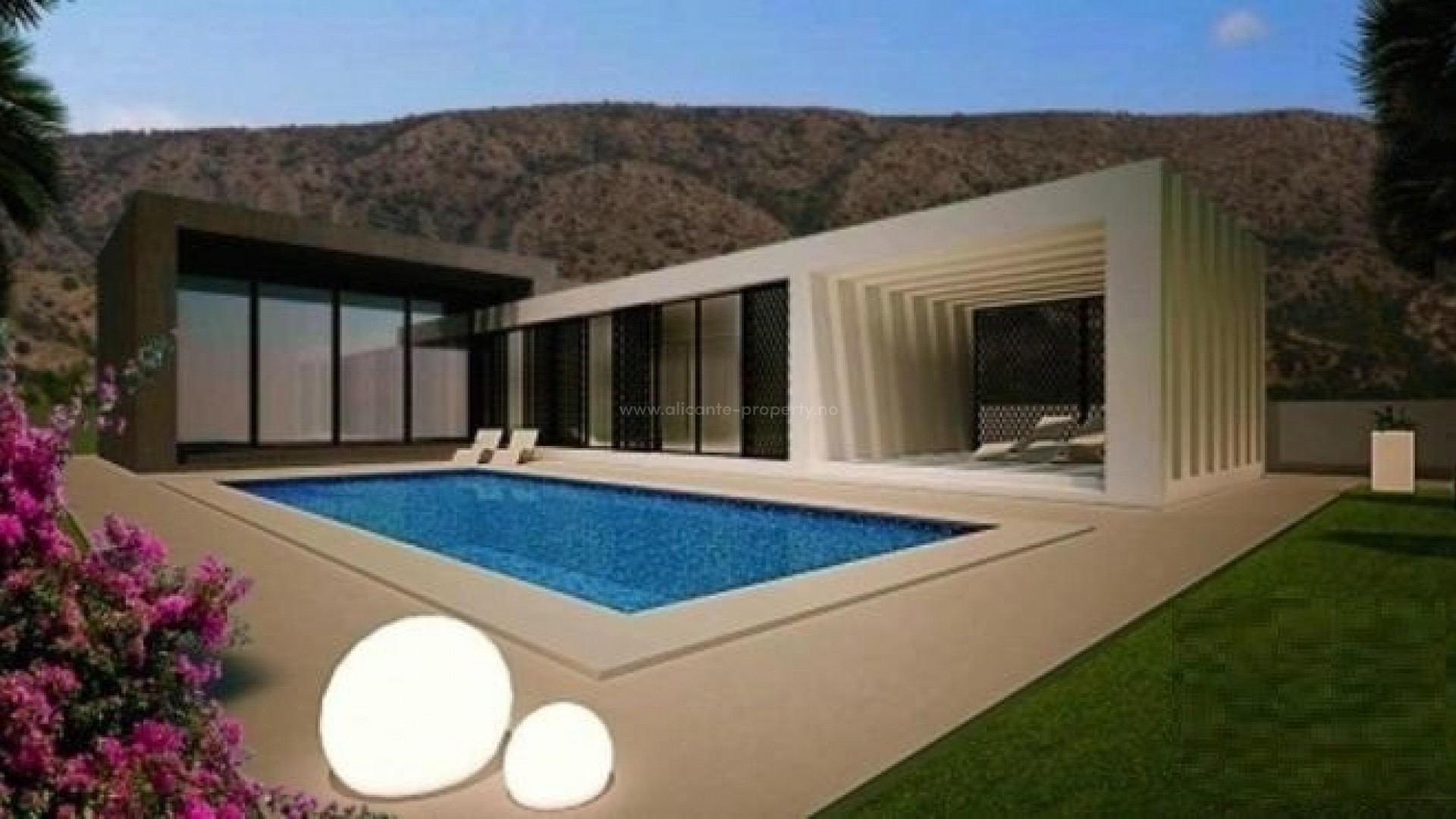 Nybygg Villa i Pinoso, Alicante innland, luksus-villa med 3 soverom, 2 bad, svømmebasseng og overbygget  terrasse. Fantastisk utsikt over fjell og natur