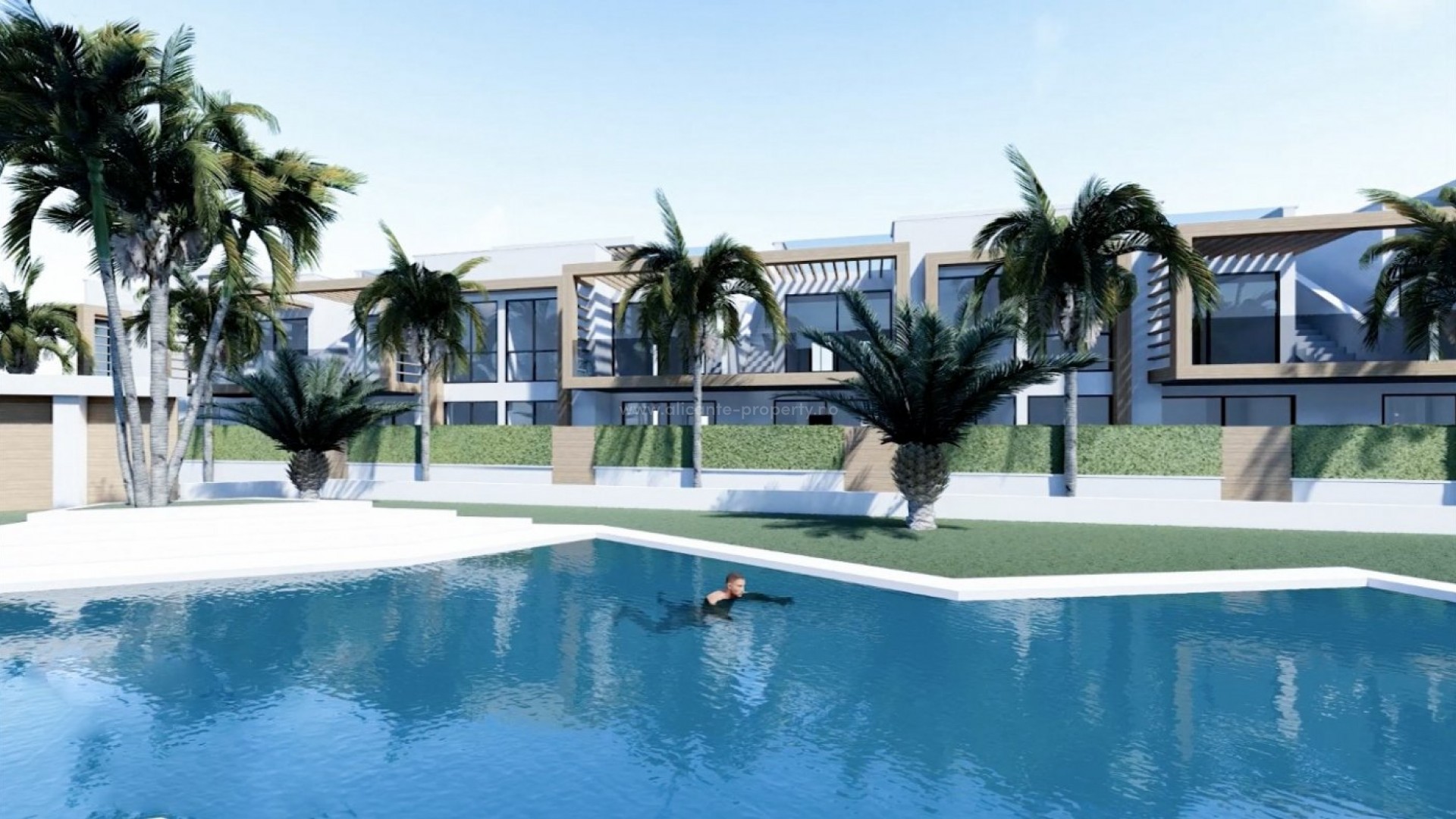 Nybygget boligkompleks i Orihuela Costa, 2 og 3 soverom, basseng, solarium, hage. Ligger ved siden av stranden i Punta Prima.Parkering og bod.