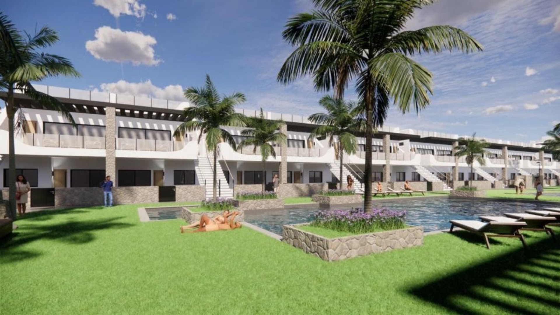 Nybygget boligkompleks med bungalow/leiligheter i Punta Prima, 2 eller 3 soverom, 2 bad, privat hage eller privat solarium, privat parkering