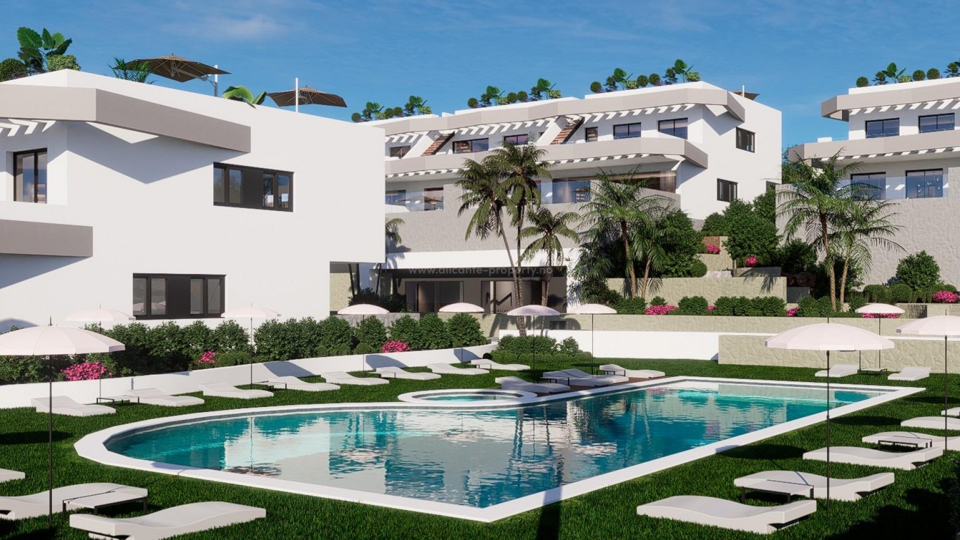 Nybygget eksklusivt boligkompleks med høy standard i Balcon de Finestrat, 2/3 soverom, 2 bad. Muligheter for solarium, hage og basseng.