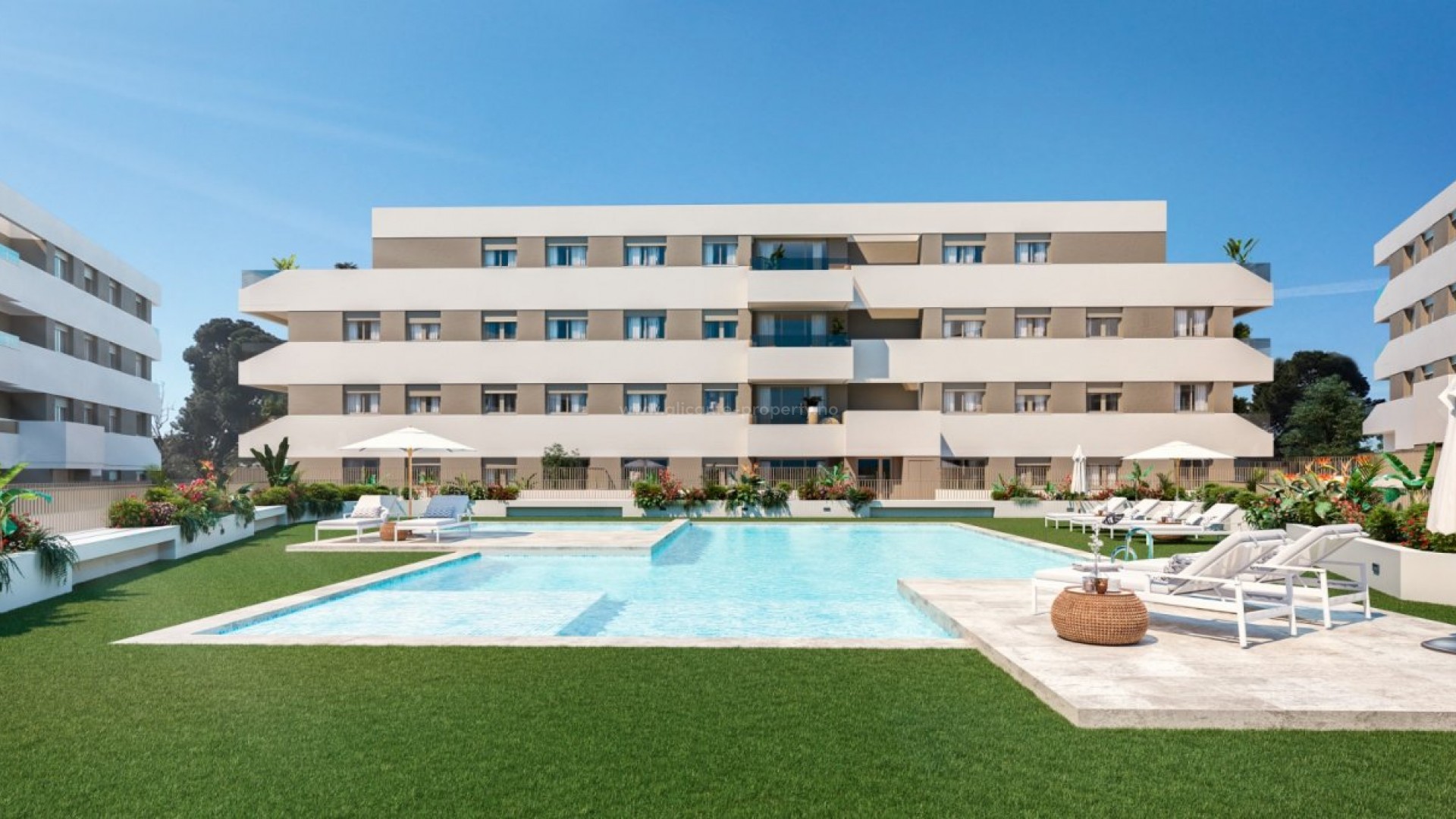 Nybygget leiligheter i San Juan de Alicante, 1/2/3/4 soverom, 2 bad, store terrasser, felles svømmebasseng og privat parkering
