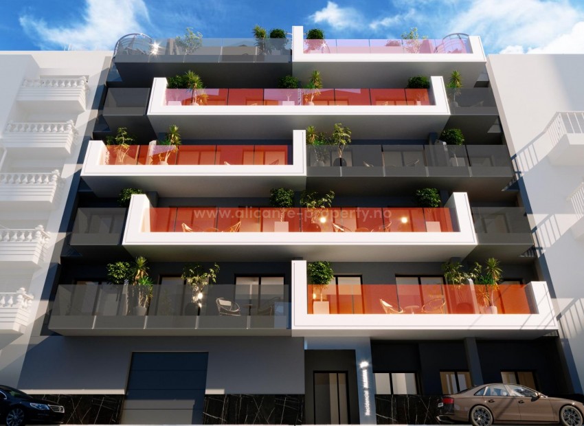 Nye boliger i Torrevieja, 21 leiligheter/toppleiligheter, 2/3 soverom, 2 bad, store terrasser, felles svømmebasseng og badstue,underjordisk parkeringsplass