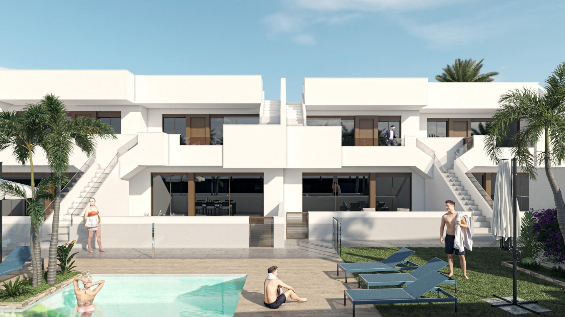 Nye bungalow/leiligheter i Pilar de La Horodada, 2/3 soverom med 2 bad, stor terrasse, veldig stor solarium, felles basseng og hage