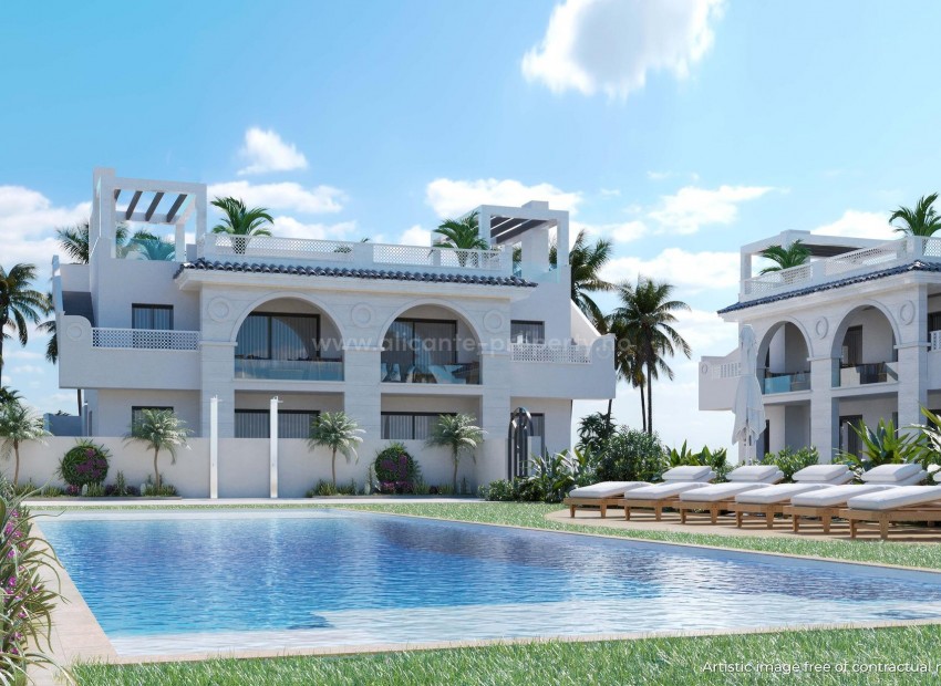 Nye bungalow-leiligheter i Rojales, hage-takterrasse, 2 soverom, 2 bad, felles grøntområder med svømmebasseng og privat parkering