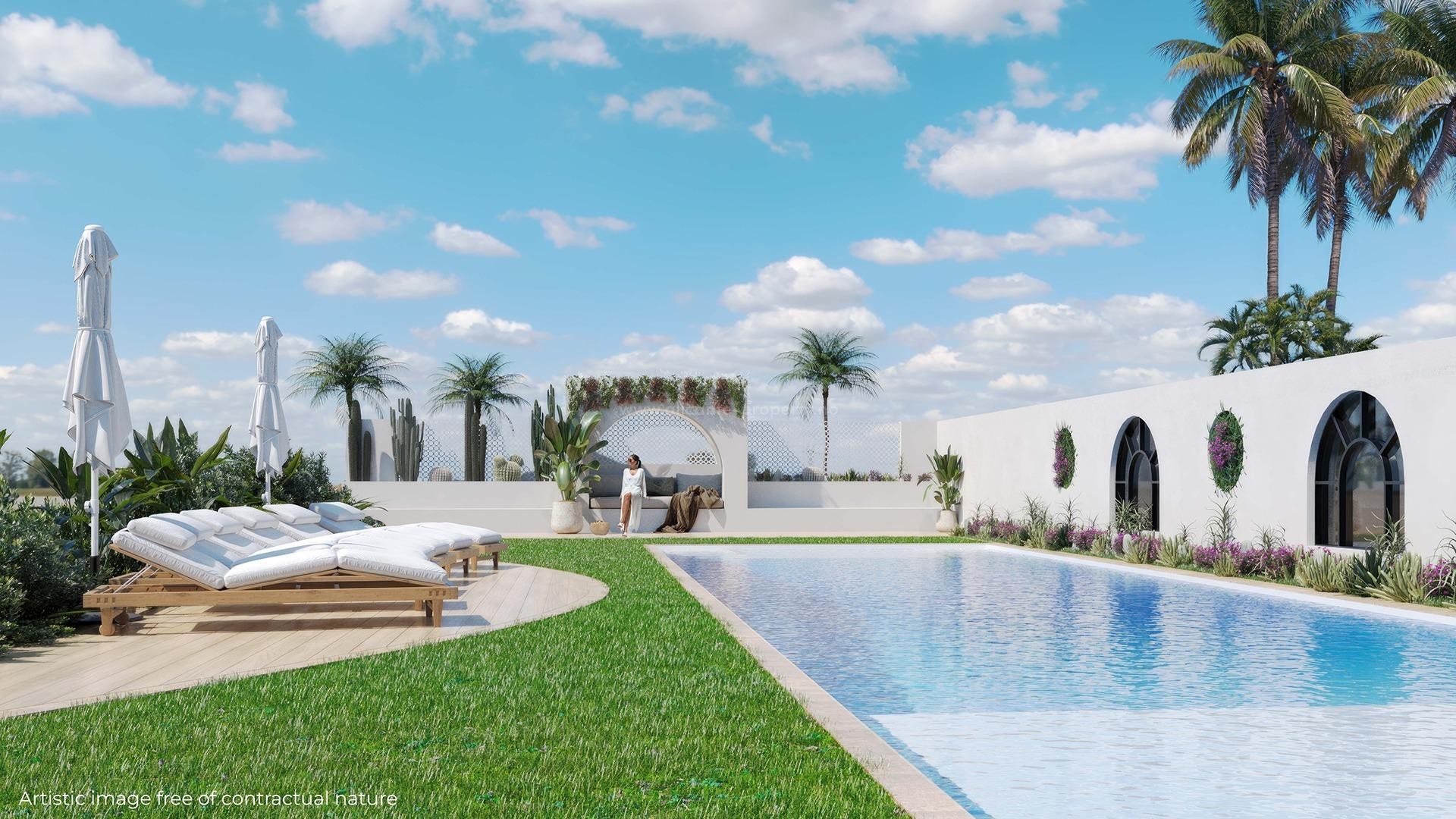 Nye bungalow-leiligheter i Rojales, hage-takterrasse, 2 soverom, 2 bad, felles grøntområder med svømmebasseng og privat parkering