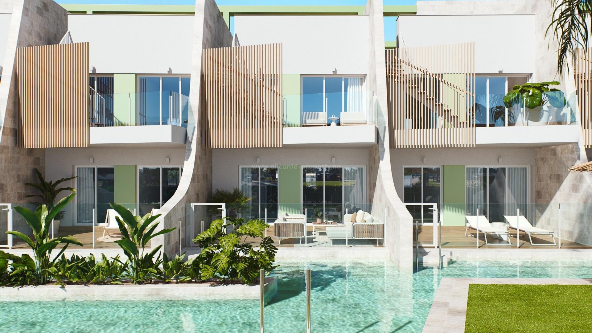 Nye bungalows/leiligheter i Pilar de La Horadada med 2/3 soverom, 2/3 bad, basseng, toppetasjen med privat solarium og i første etasje med vakker terrasse 