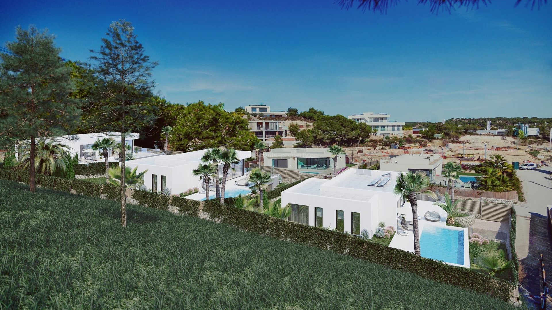 Nye hus/villa i Las Colinas Golf, 3 soverom, 3 bad, privat hage med basseng, romslige terrasser, kjeller med garasje, rolig beliggenhet