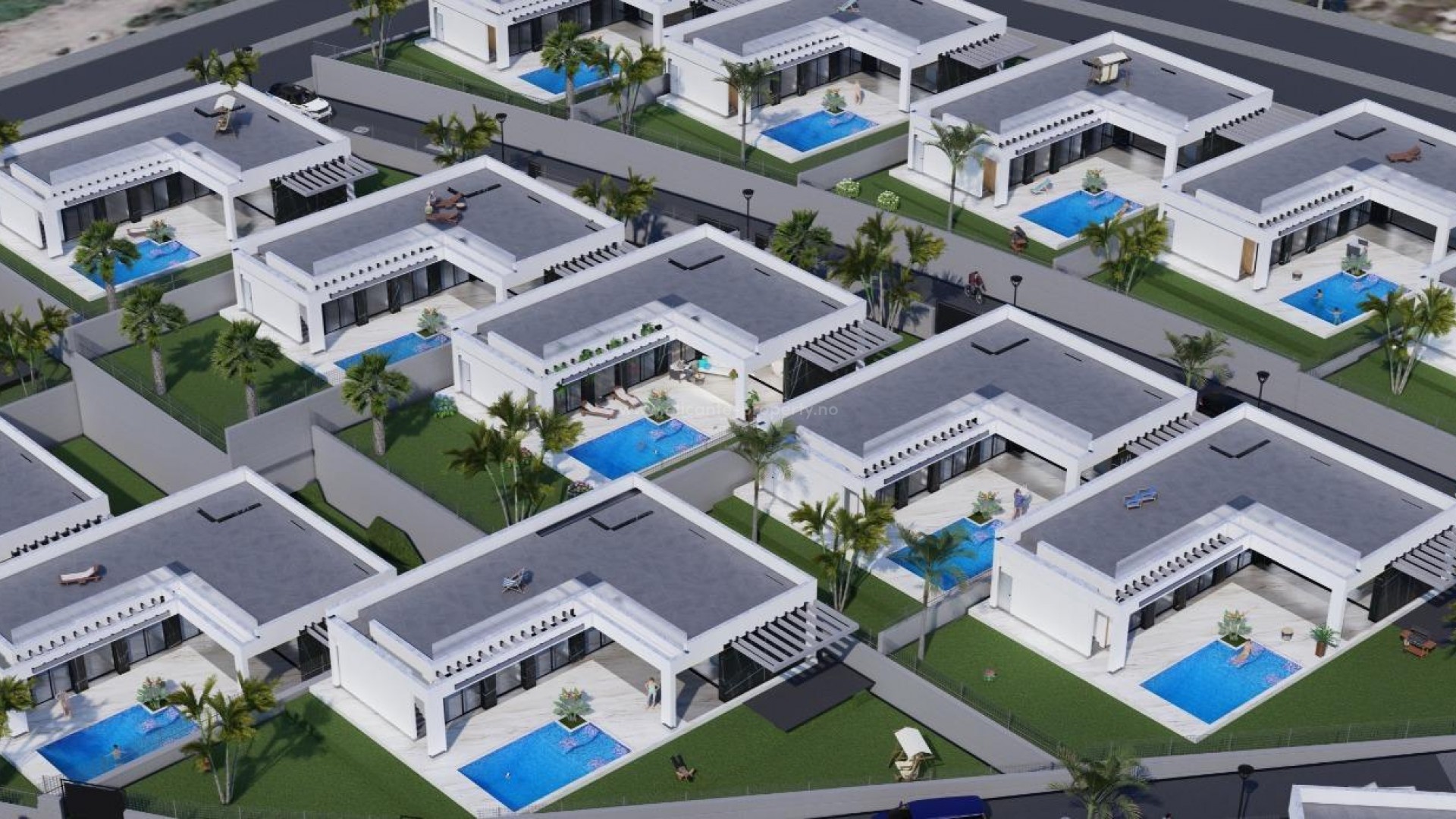 Nye hus/villaer i La Finca Golf i Algorfa, 3 soverom, 2 bad, hage med basseng, terrassa og solarium. Egen parkeringsplass