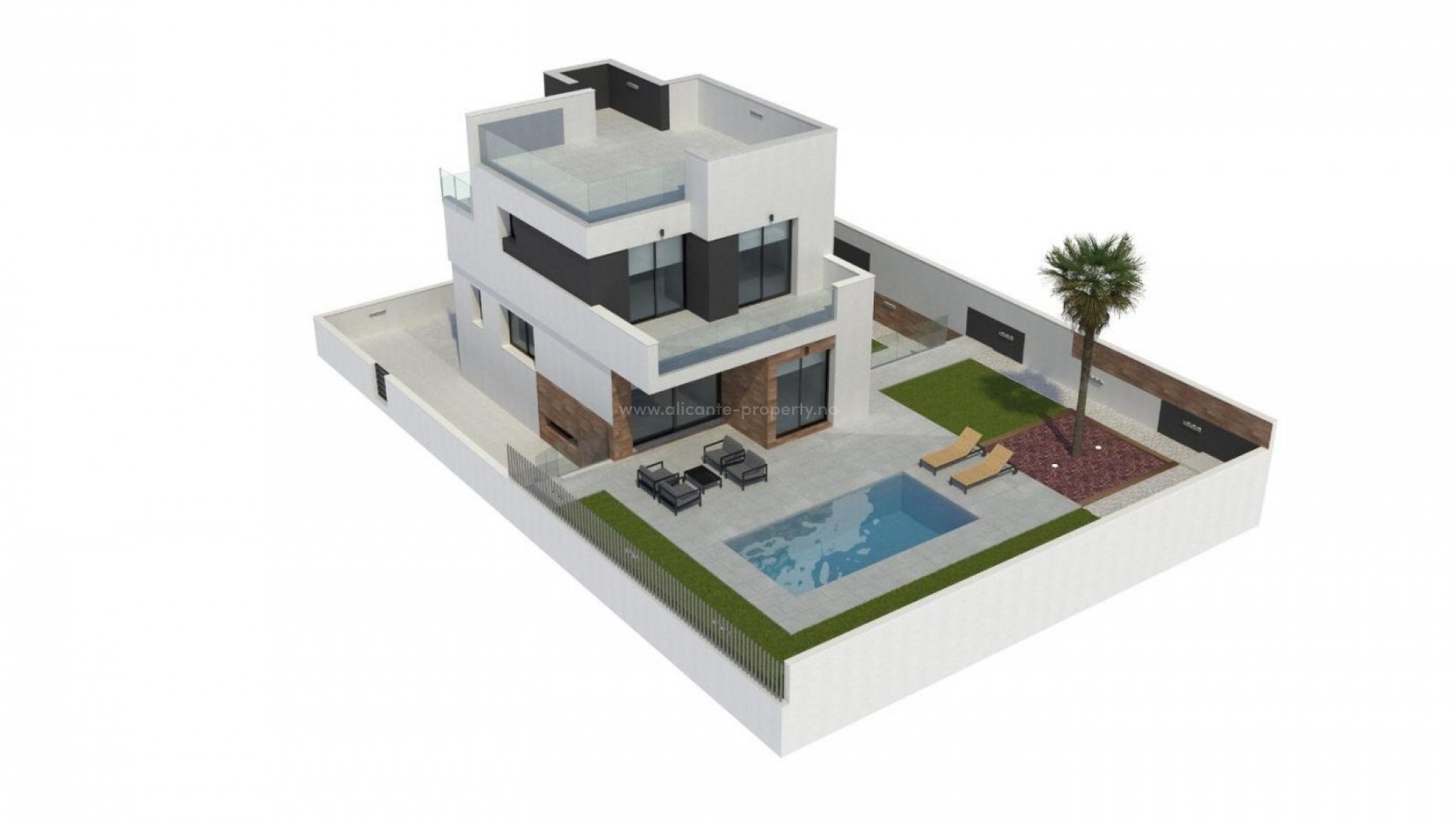Nye hus/villaer i La Nucia nær Benidorm, 3 store soverom, 4 bad, privat basseng, terrasse, solarium og egen garasje for 2 biler,