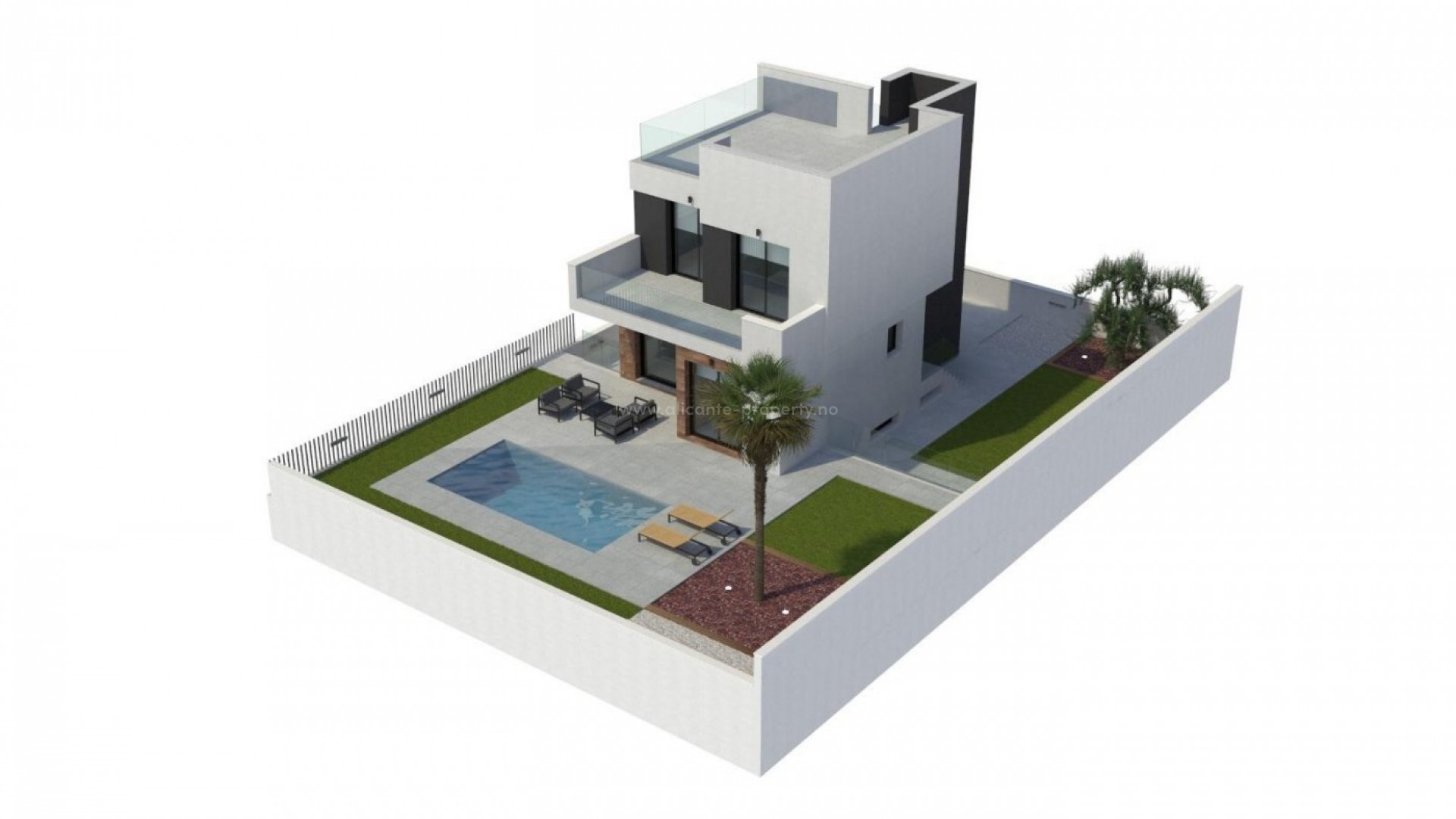 Nye hus/villaer i La Nucia nær Benidorm, 3 store soverom, 4 bad, privat basseng, terrasse, solarium og egen garasje for 2 biler,