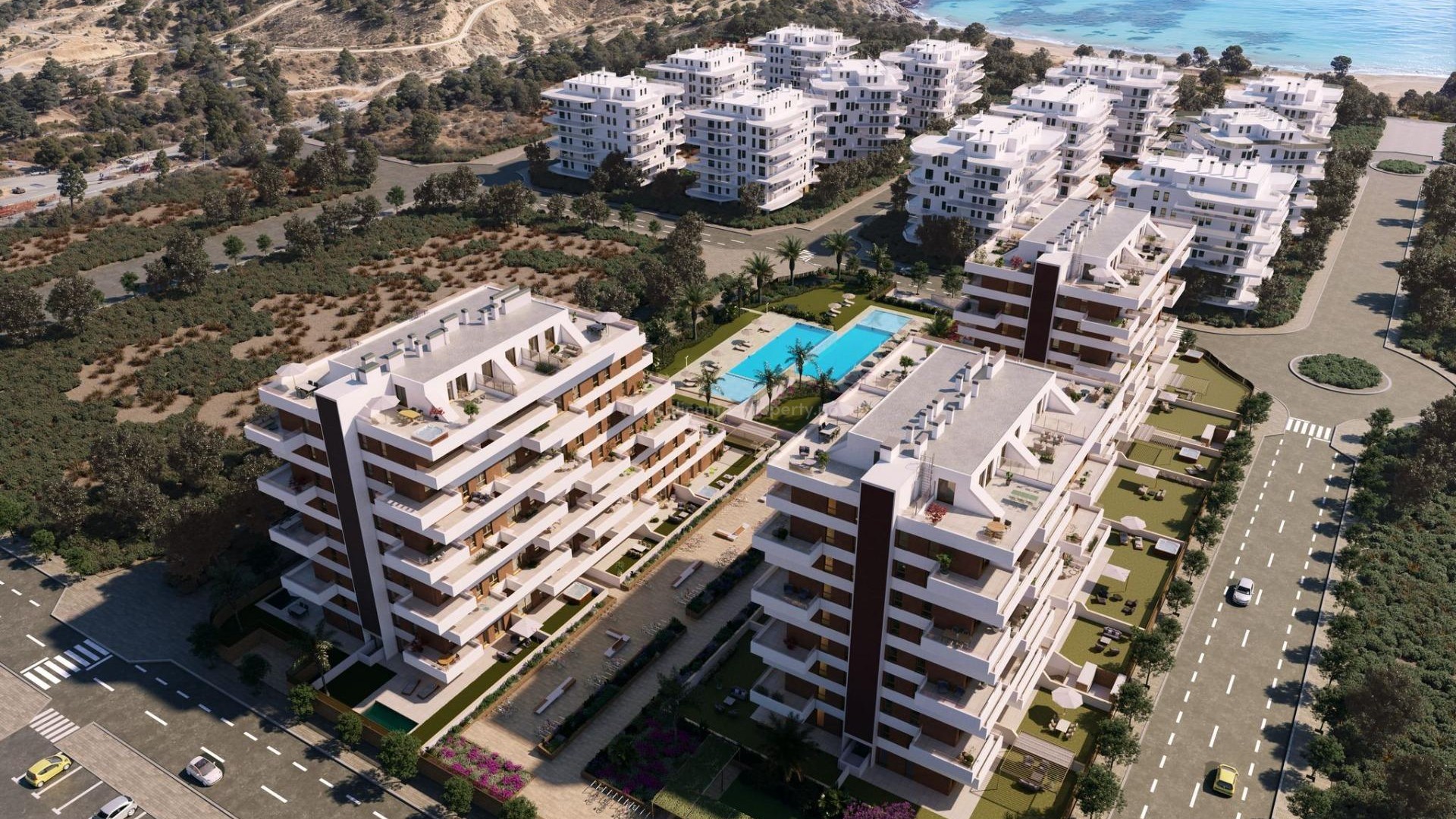 Nye leiligheter i Villajoyosa bare 450 meter fra strand, 2/3 soverom, 2 bad, svømmebasseng, treningsstudio, stor terrasse. 1 etasje med privat hage.