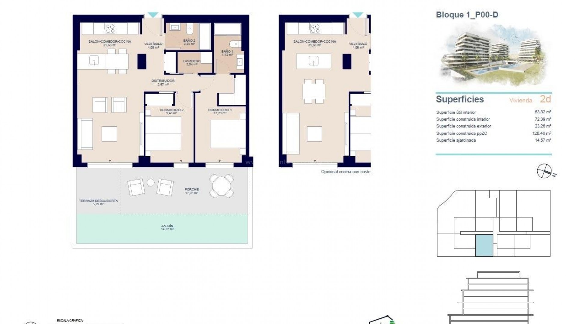 Nye leiligheter i Villajoyosa bare 450 meter fra strand, 2/3 soverom, 2 bad, svømmebasseng, treningsstudio, stor terrasse. 1 etasje med privat hage.