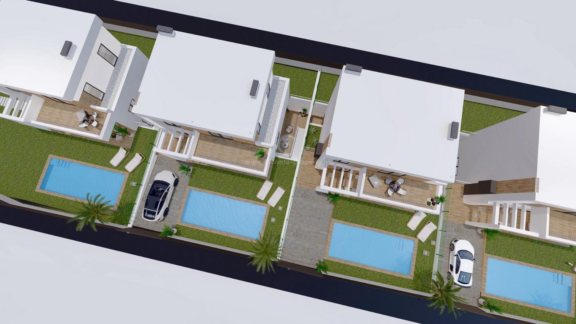 Nye moderne luksus-villaer i Finestrat, 3 soverom, 3 bad, privat hage med basseng og parkering, store terrasser, nære to golfbaner