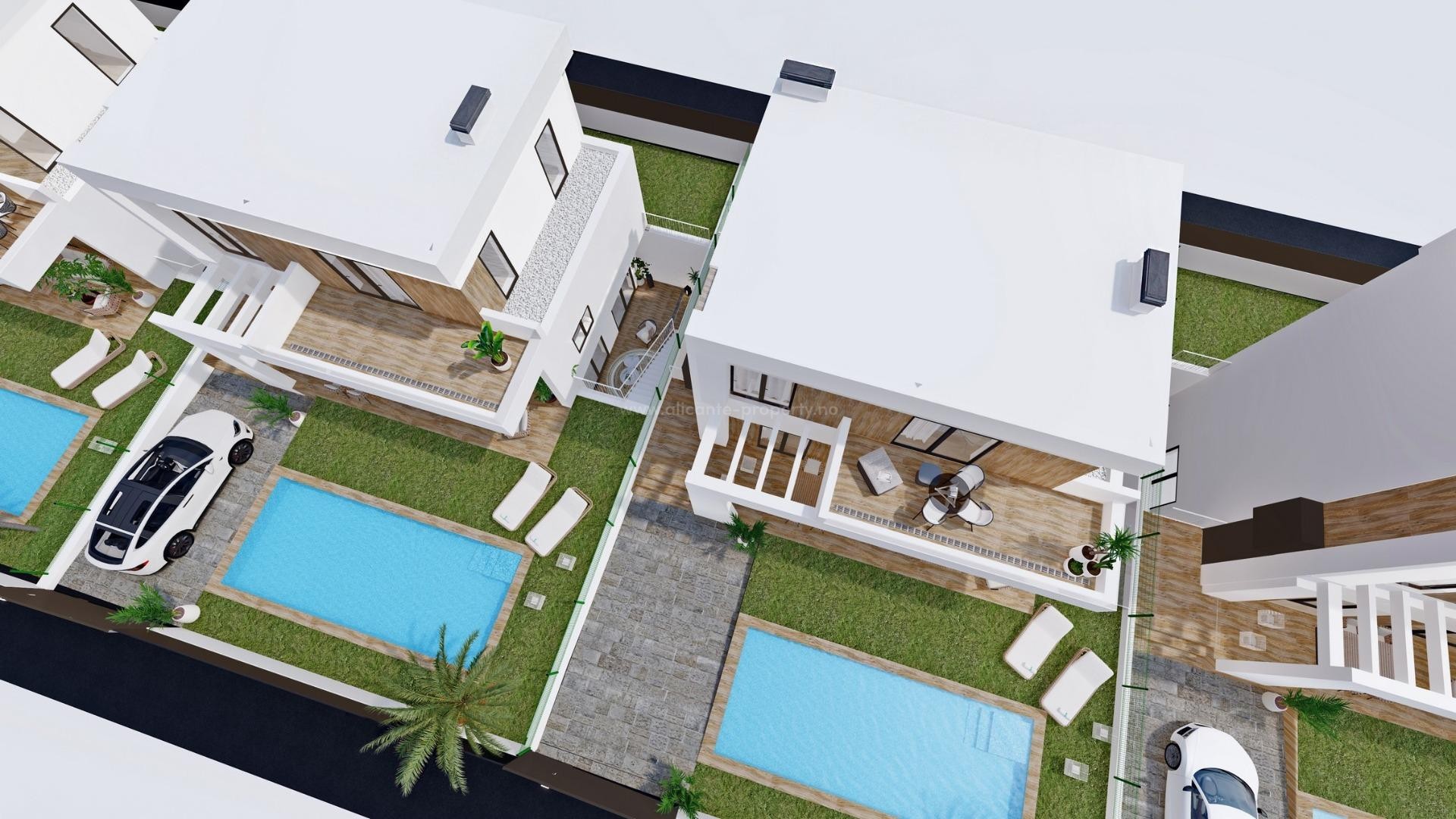 Nye moderne luksus-villaer i Finestrat, 3 soverom, 3 bad, privat hage med basseng og parkering, store terrasser, nære to golfbaner